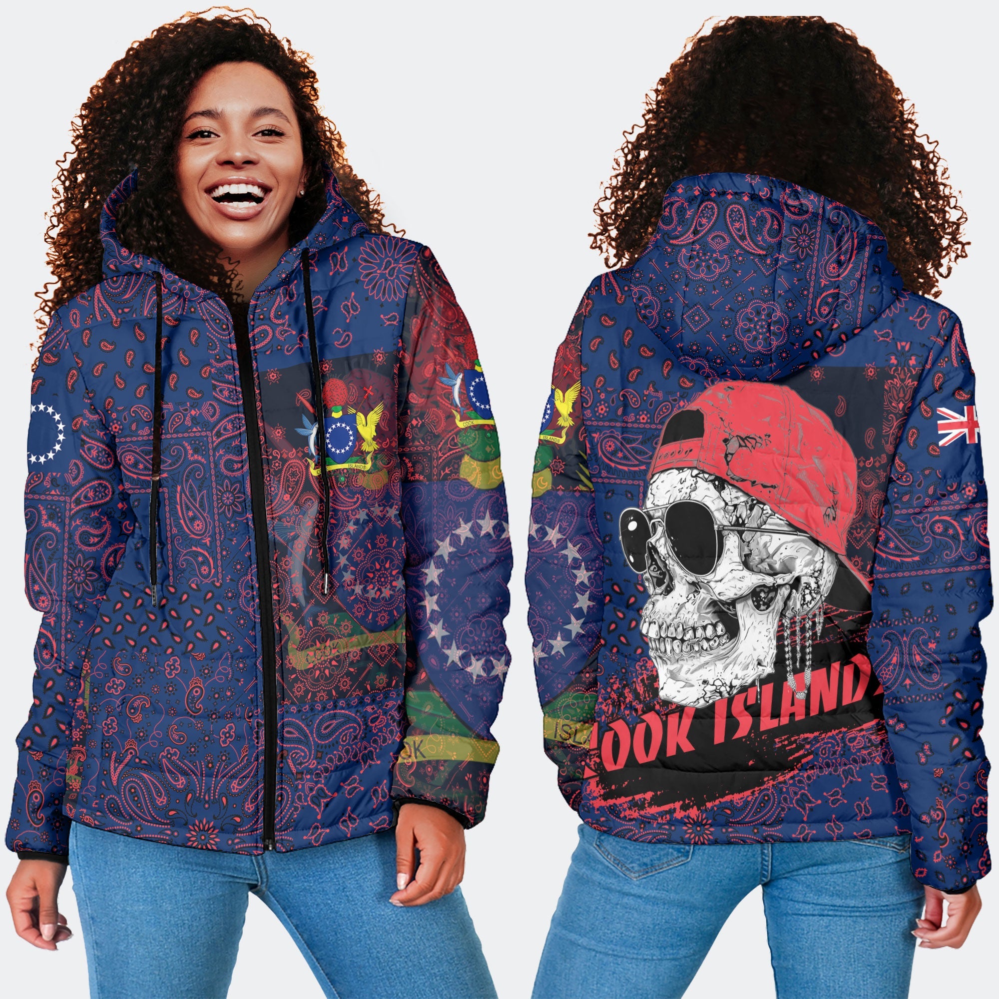 Cook Islands Women Hooded Padded Jacket Paisley Flag And Skull Style 4