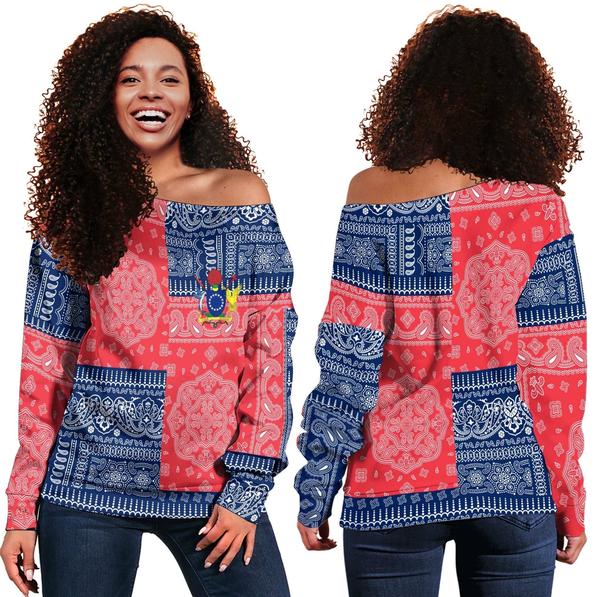 Cook Islands Women Off Shoulder Sweatshirt Flag And Paisley Basic Style 1