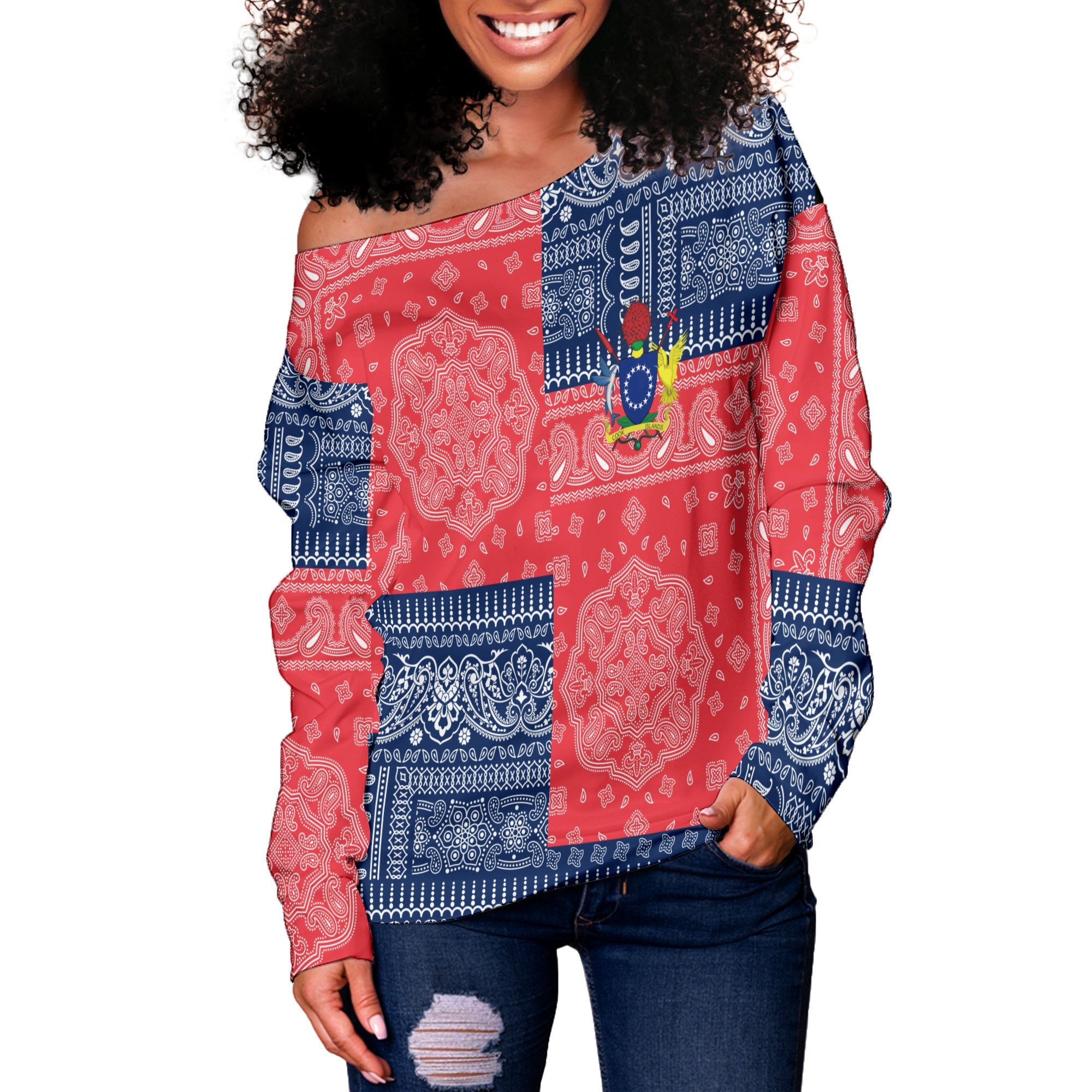 Cook Islands Women Off Shoulder Sweatshirt Flag And Paisley Basic Style 2