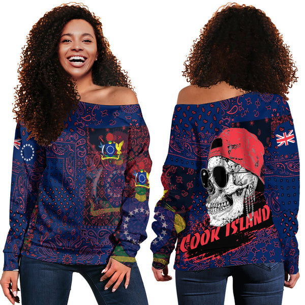 Cook Islands Women Off Shoulder Sweatshirt Paisley Flag And Skull Style 1