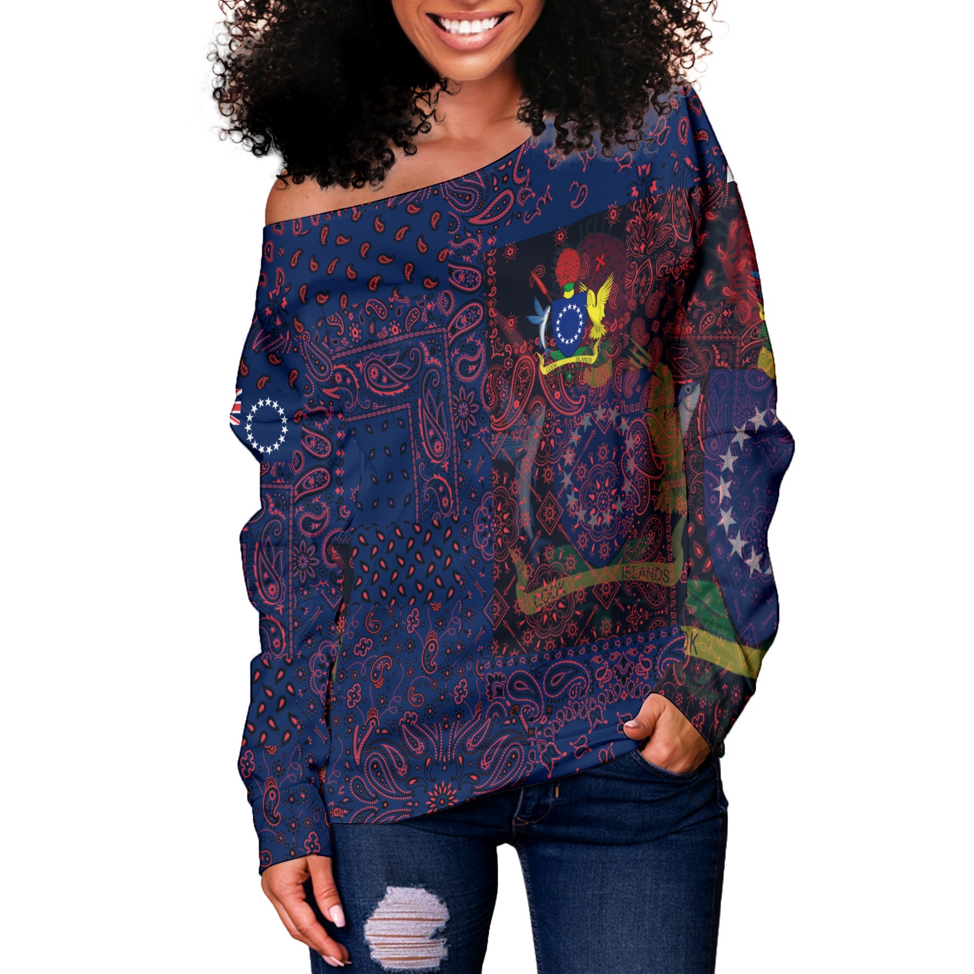 Cook Islands Women Off Shoulder Sweatshirt Paisley Flag And Skull Style 2