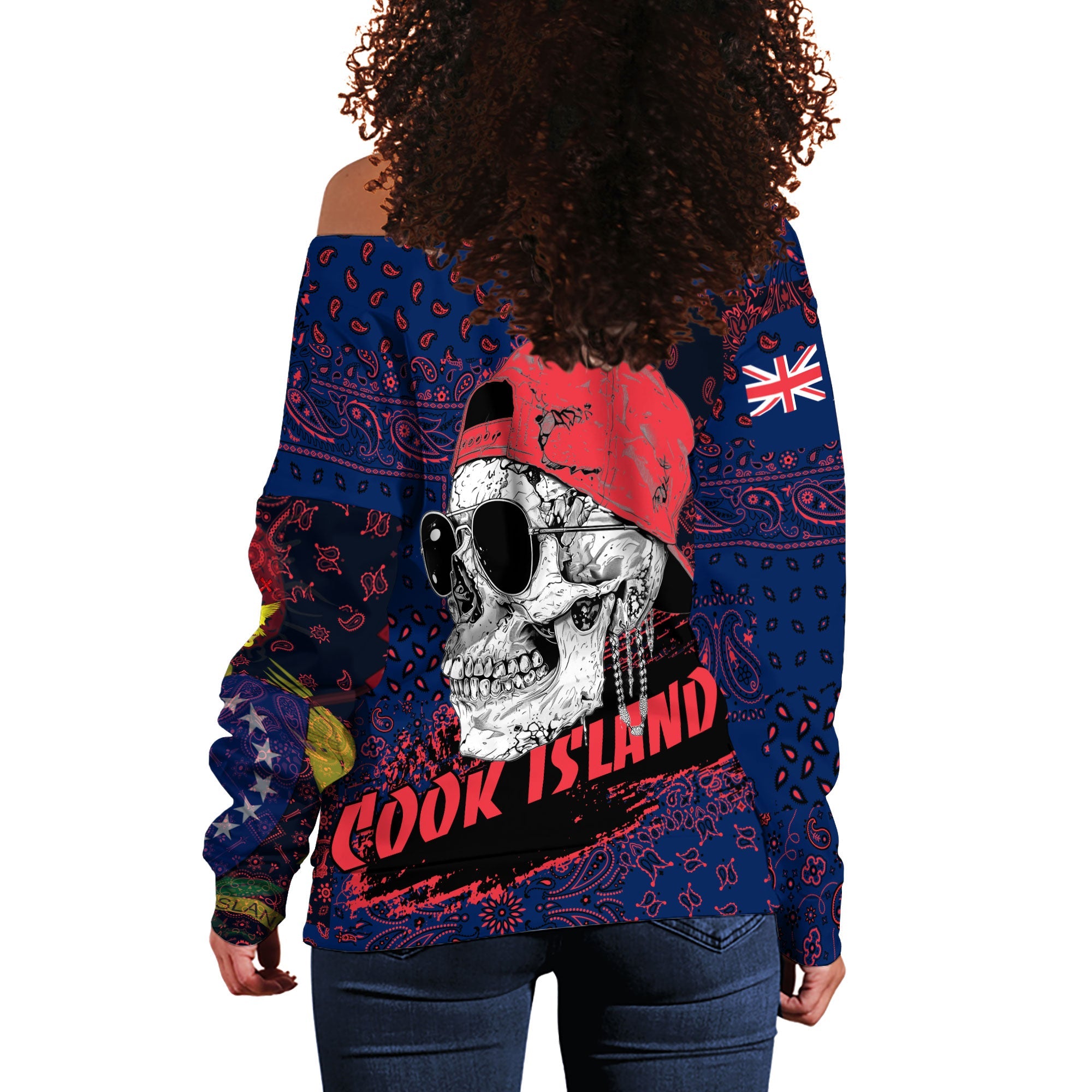 Cook Islands Women Off Shoulder Sweatshirt Paisley Flag And Skull Style 3