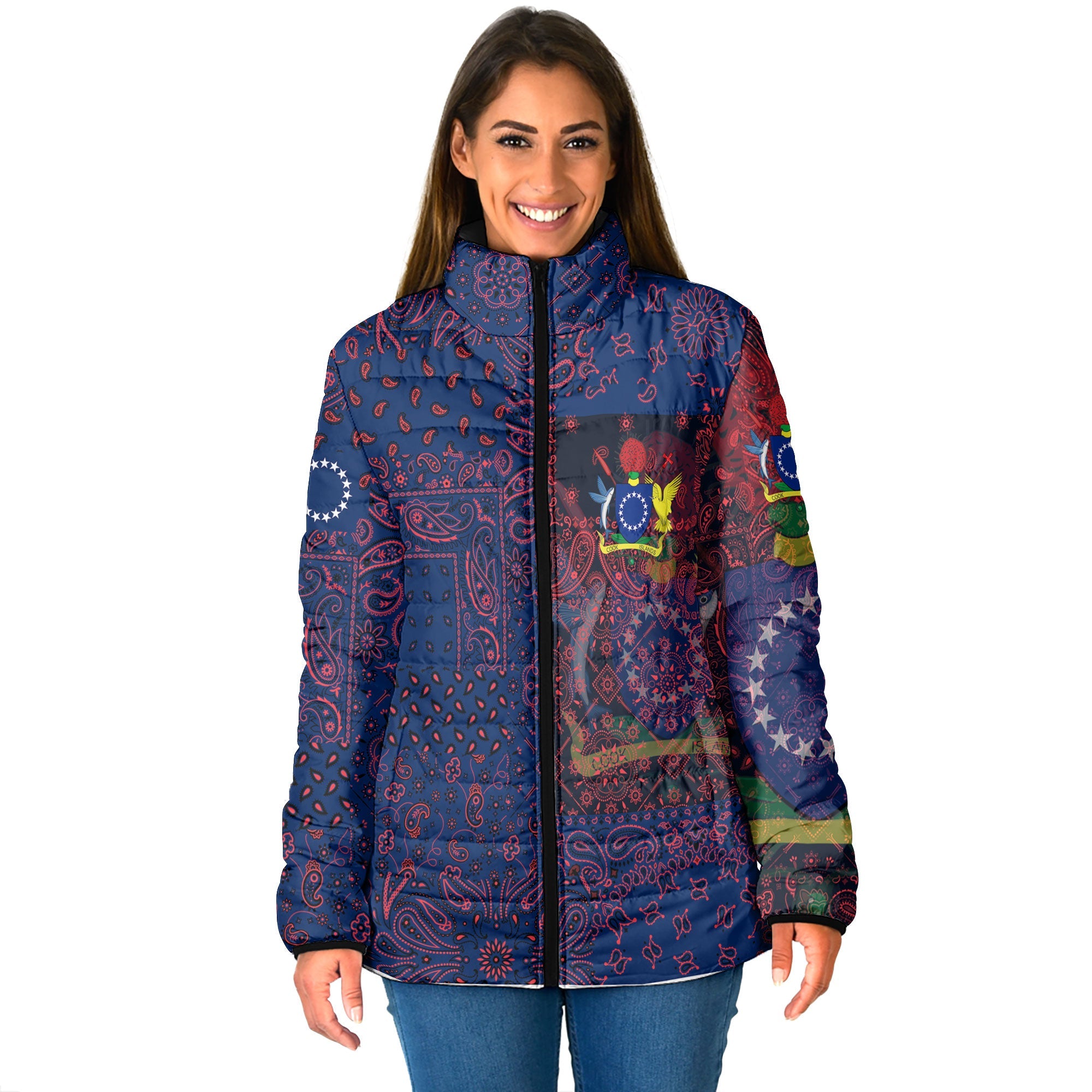 Cook Islands Women Padded Jacket Paisley Flag And Skull Style 1