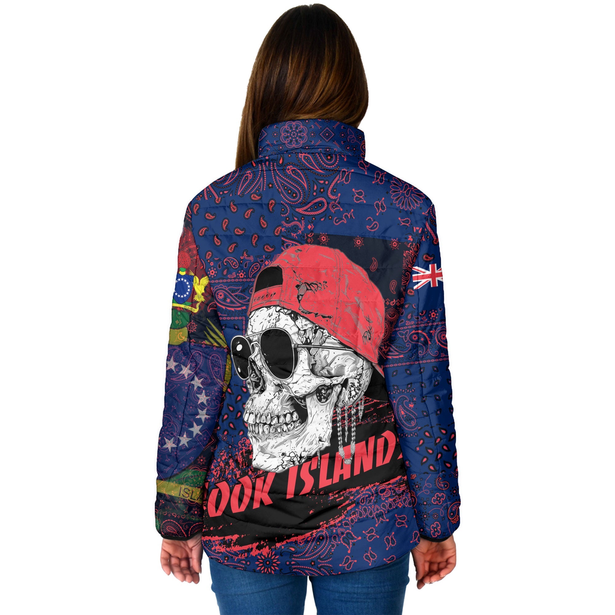 Cook Islands Women Padded Jacket Paisley Flag And Skull Style 2