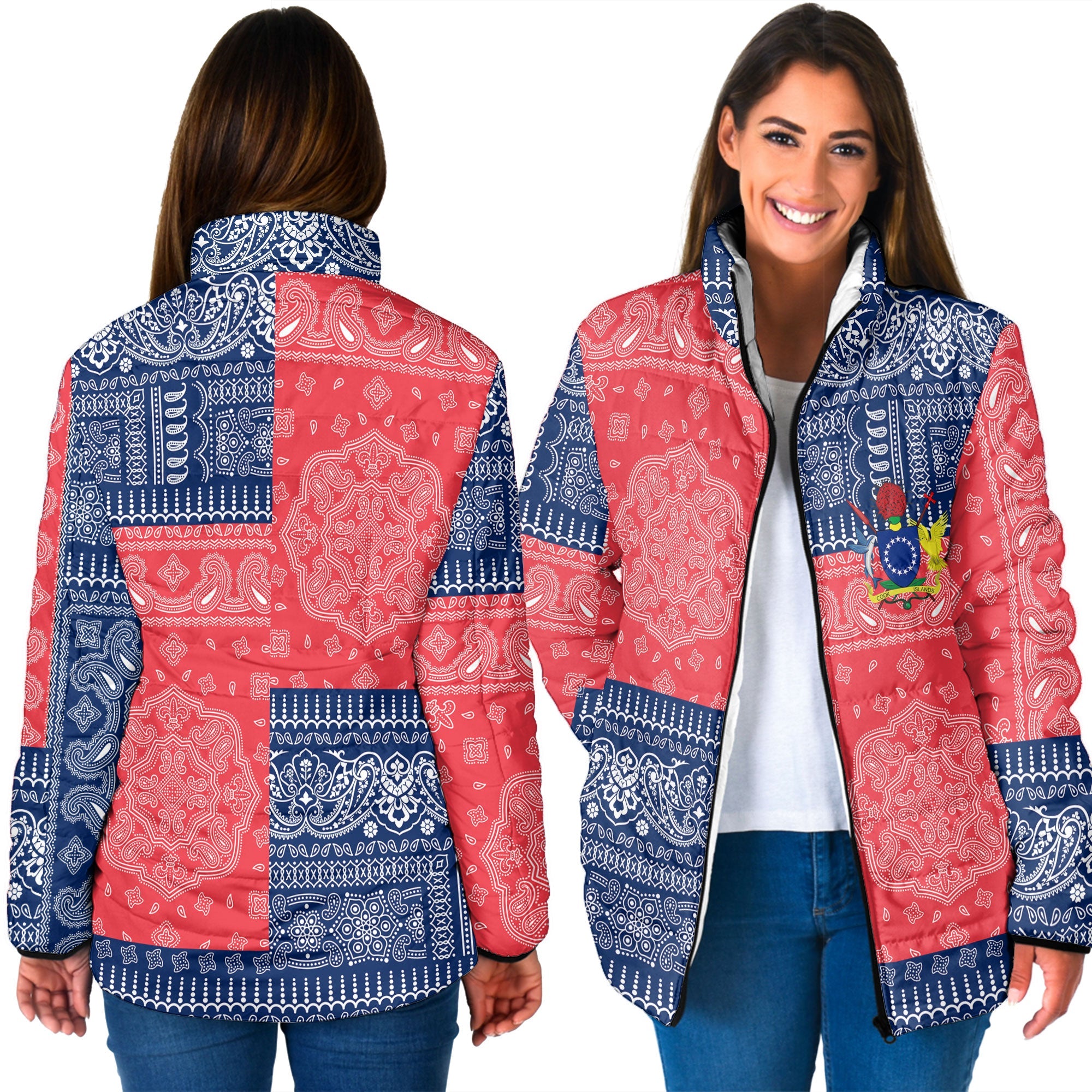 Cook Islands Women Padded Jacket Flag And Paisley Basic Style 3