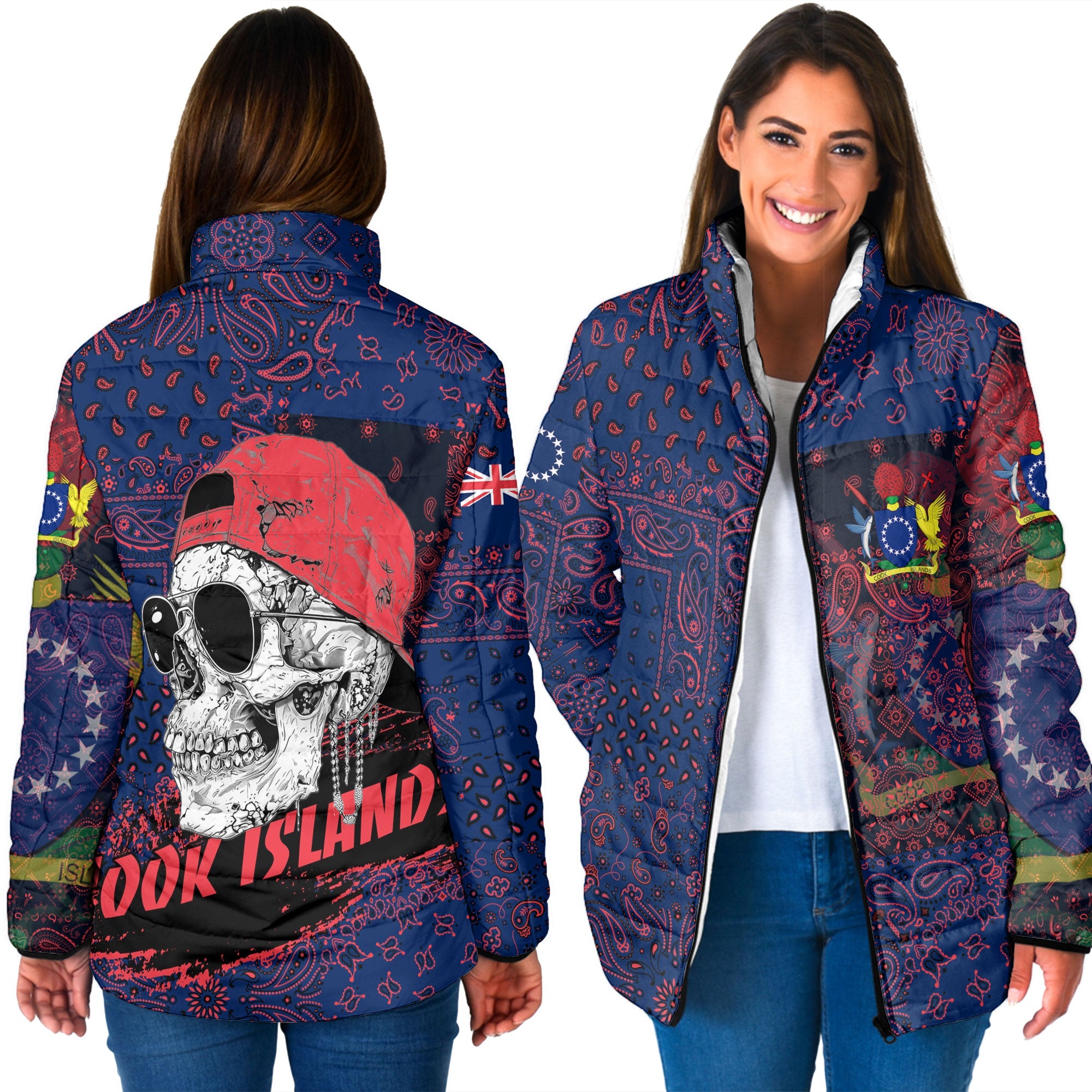 Cook Islands Women Padded Jacket Paisley Flag And Skull Style 3