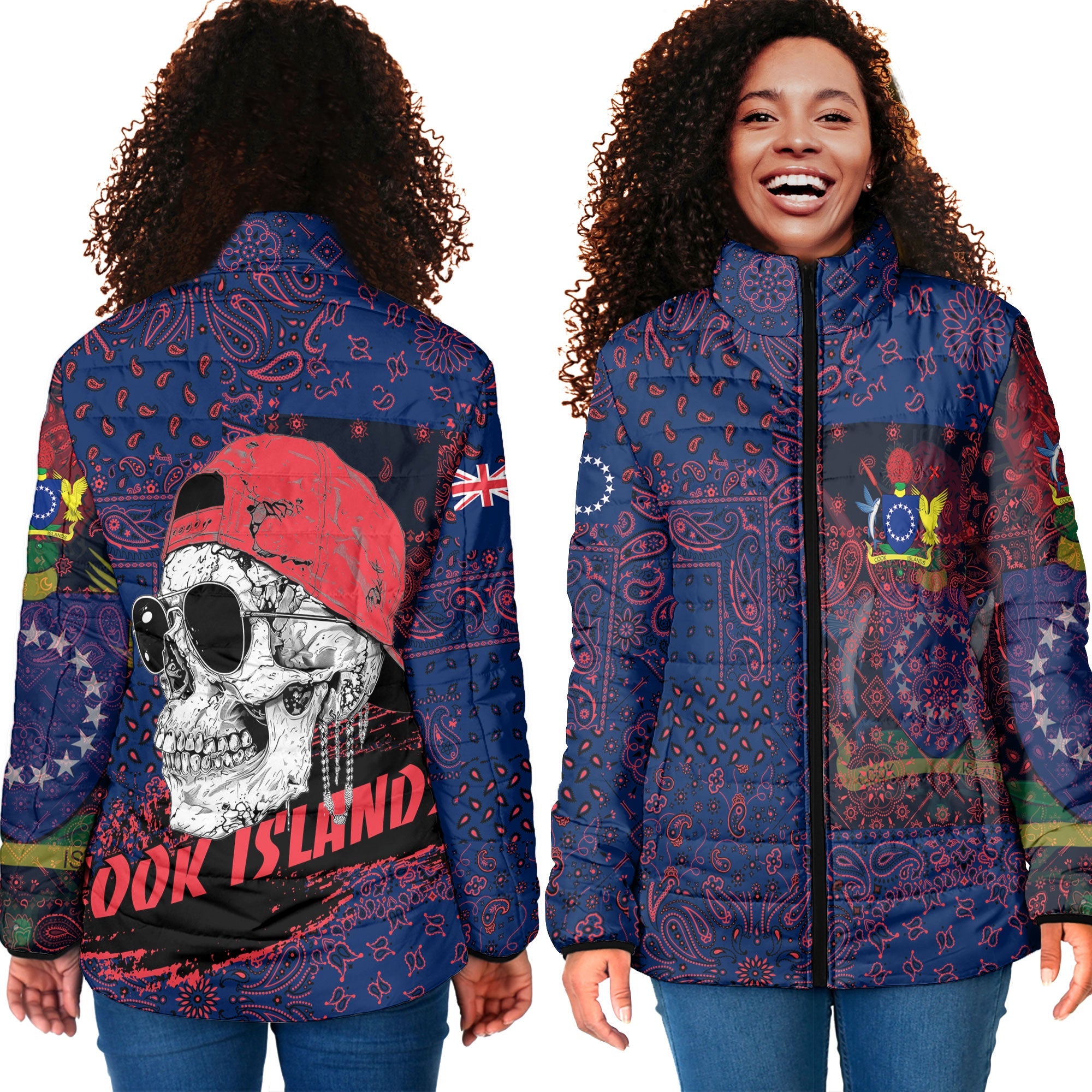 Cook Islands Women Padded Jacket Paisley Flag And Skull Style 4