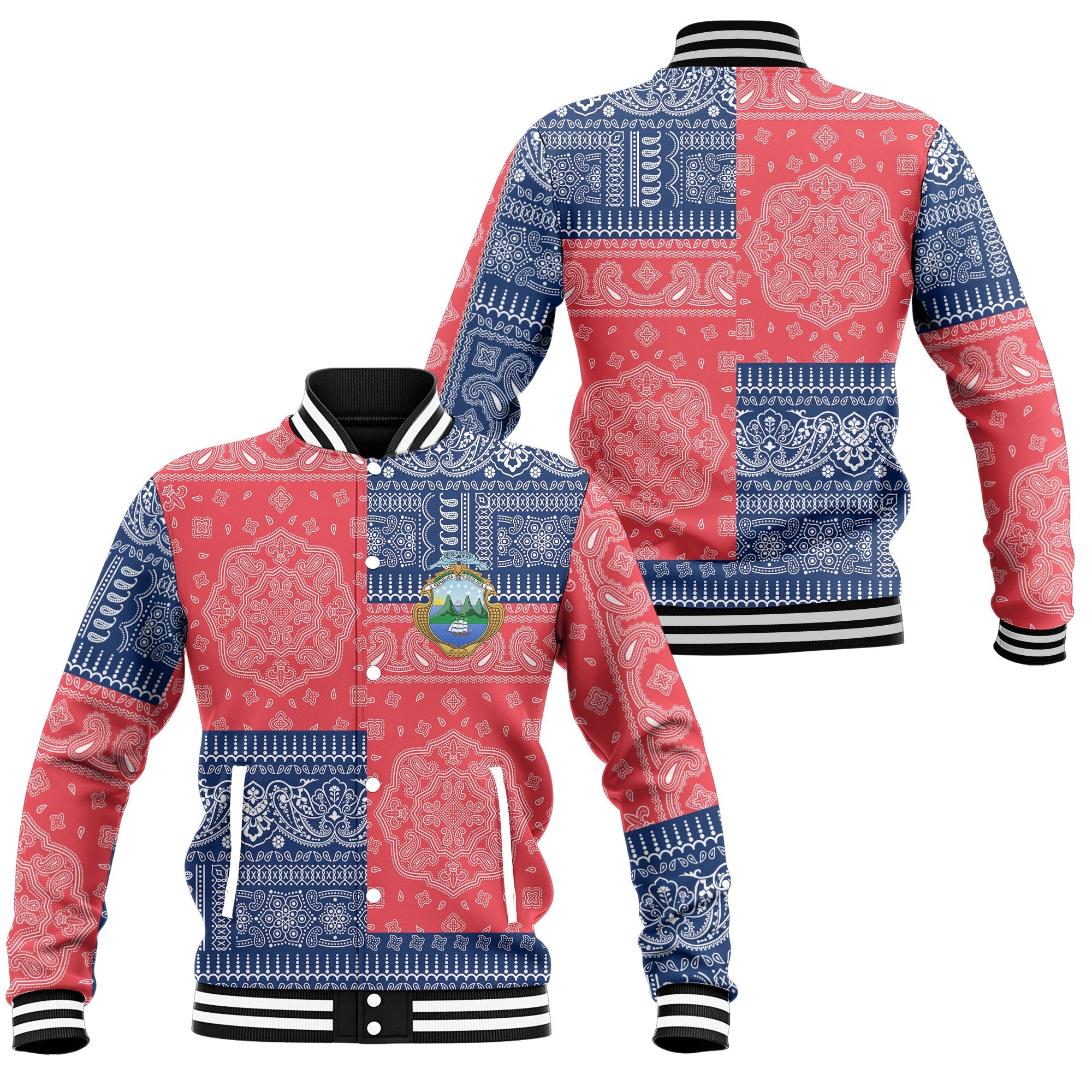 Costa Rica Baseball Jacket Flag And Paisley Basic Style 1