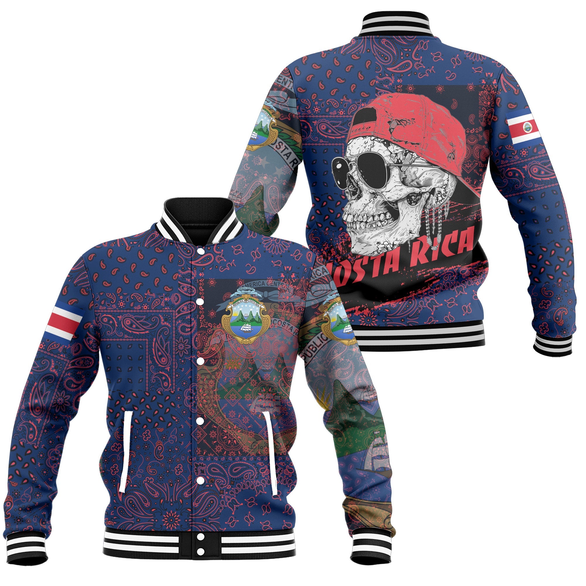 Costa Rica Baseball Jacket Paisley Flag And Skull Style 1