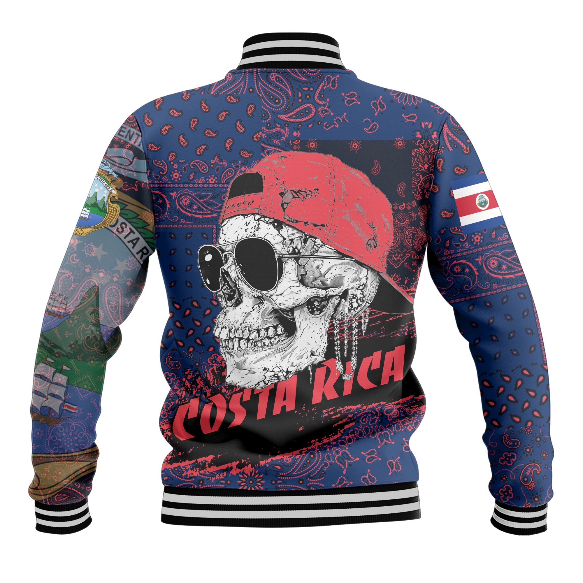 Costa Rica Baseball Jacket Paisley Flag And Skull Style 3