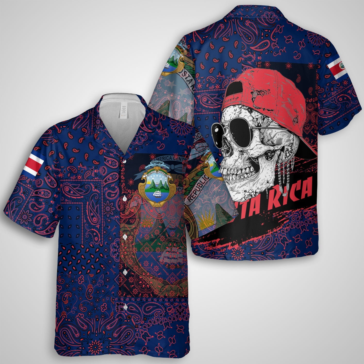 Costa Rica Hawaiian Shirt Paisley Flag And Skull Style 1