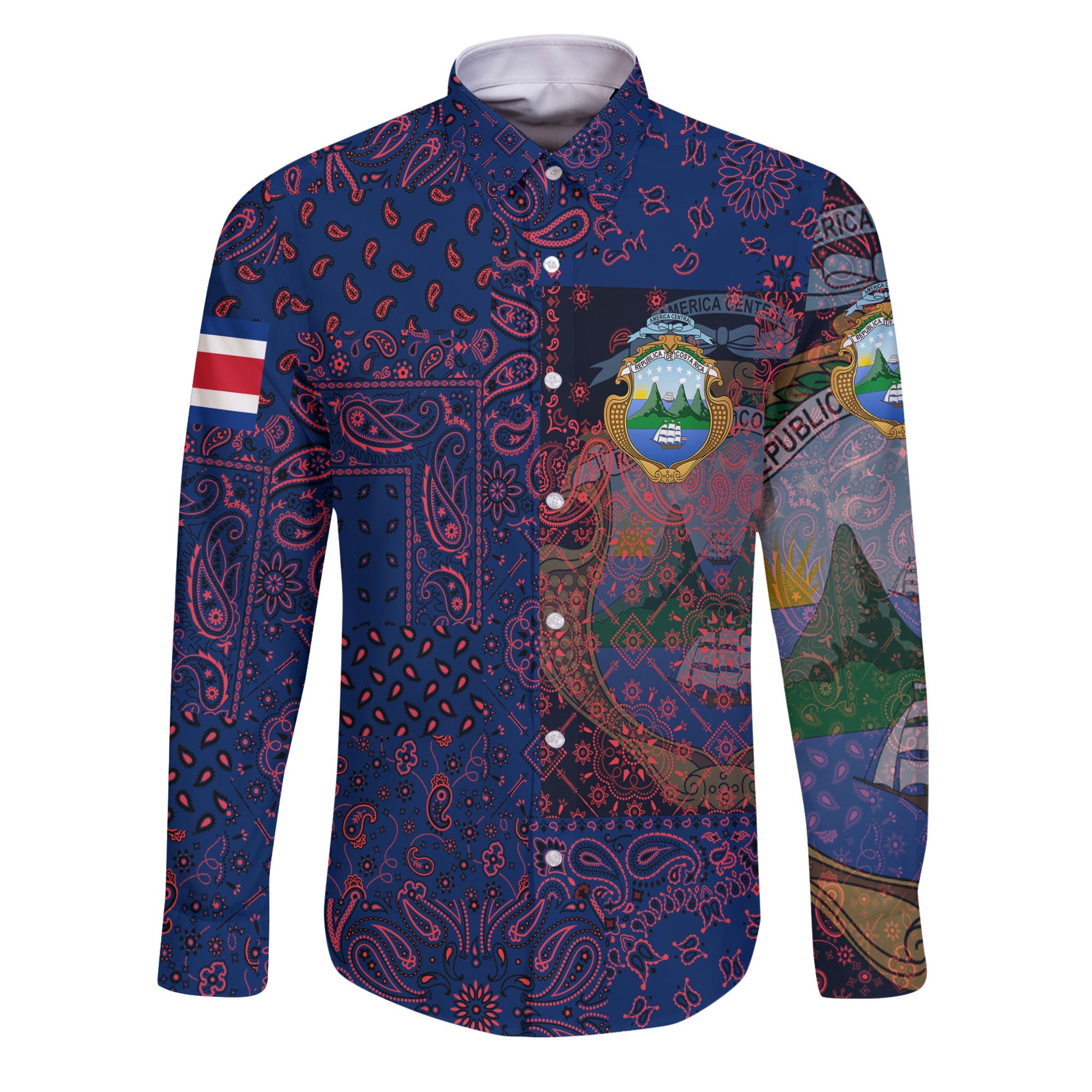 Costa Rica Long Sleeve Button Shirt Paisley Flag And Skull Style 1