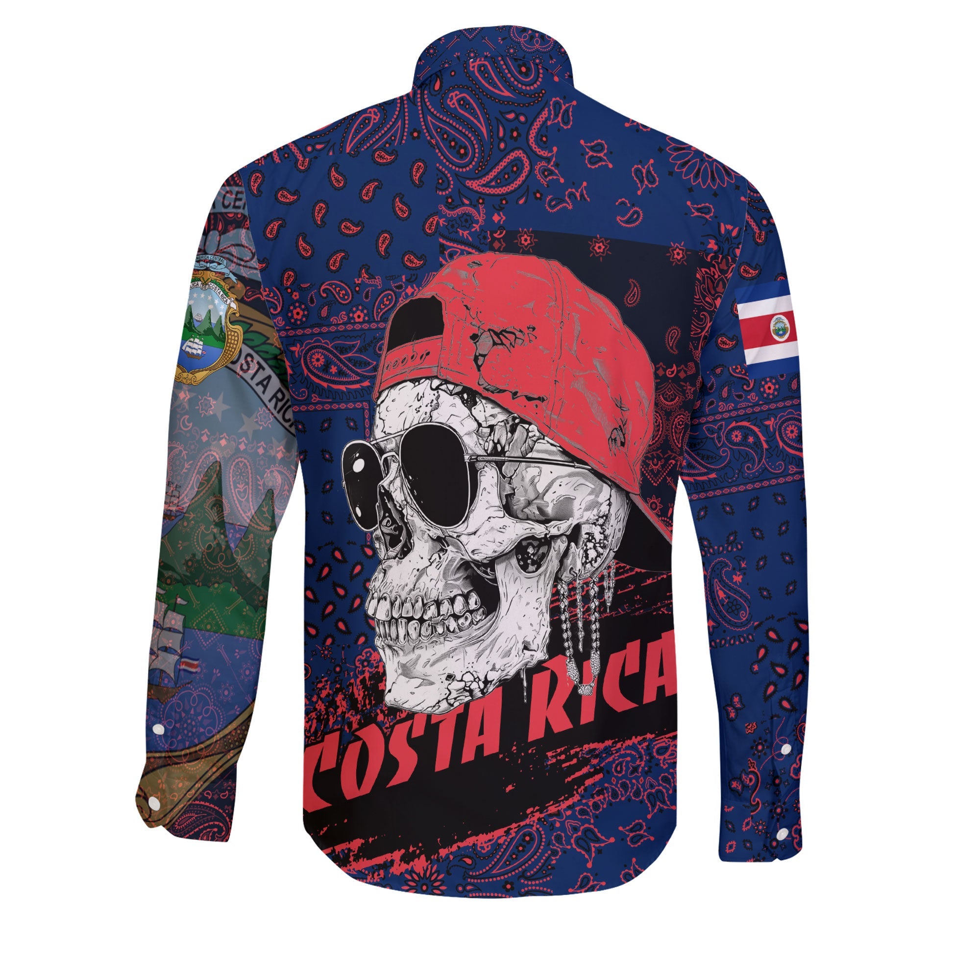 Costa Rica Long Sleeve Button Shirt Paisley Flag And Skull Style 2