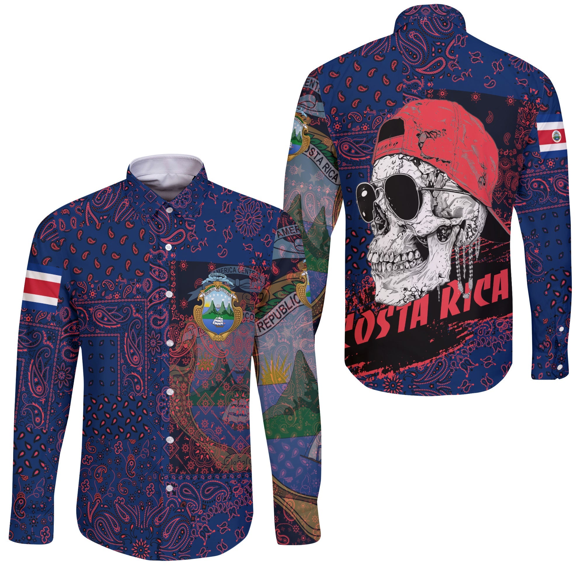 Costa Rica Long Sleeve Button Shirt Paisley Flag And Skull Style 3