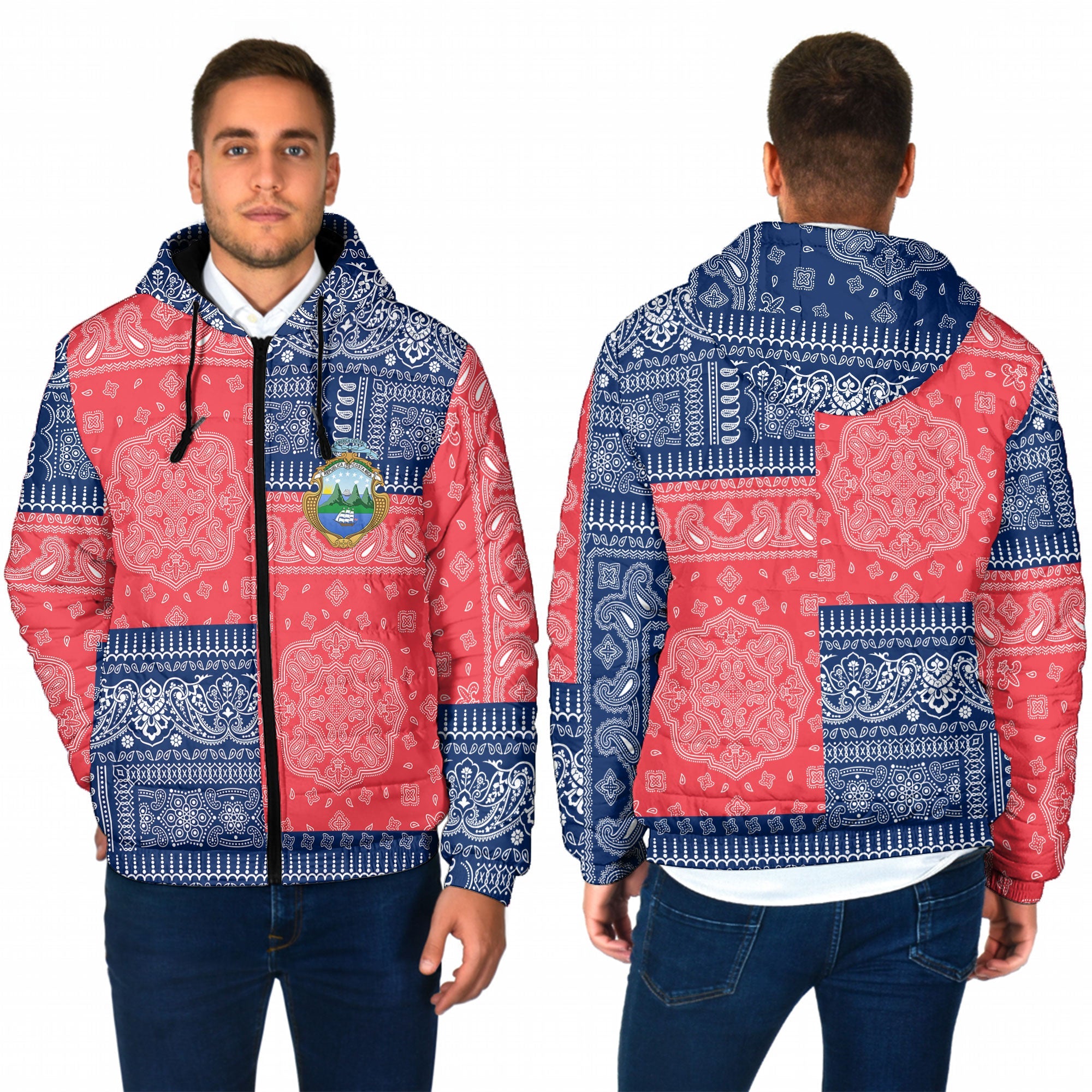 Costa Rica Men Hooded Padded Jacket Flag And Paisley Basic Style 1