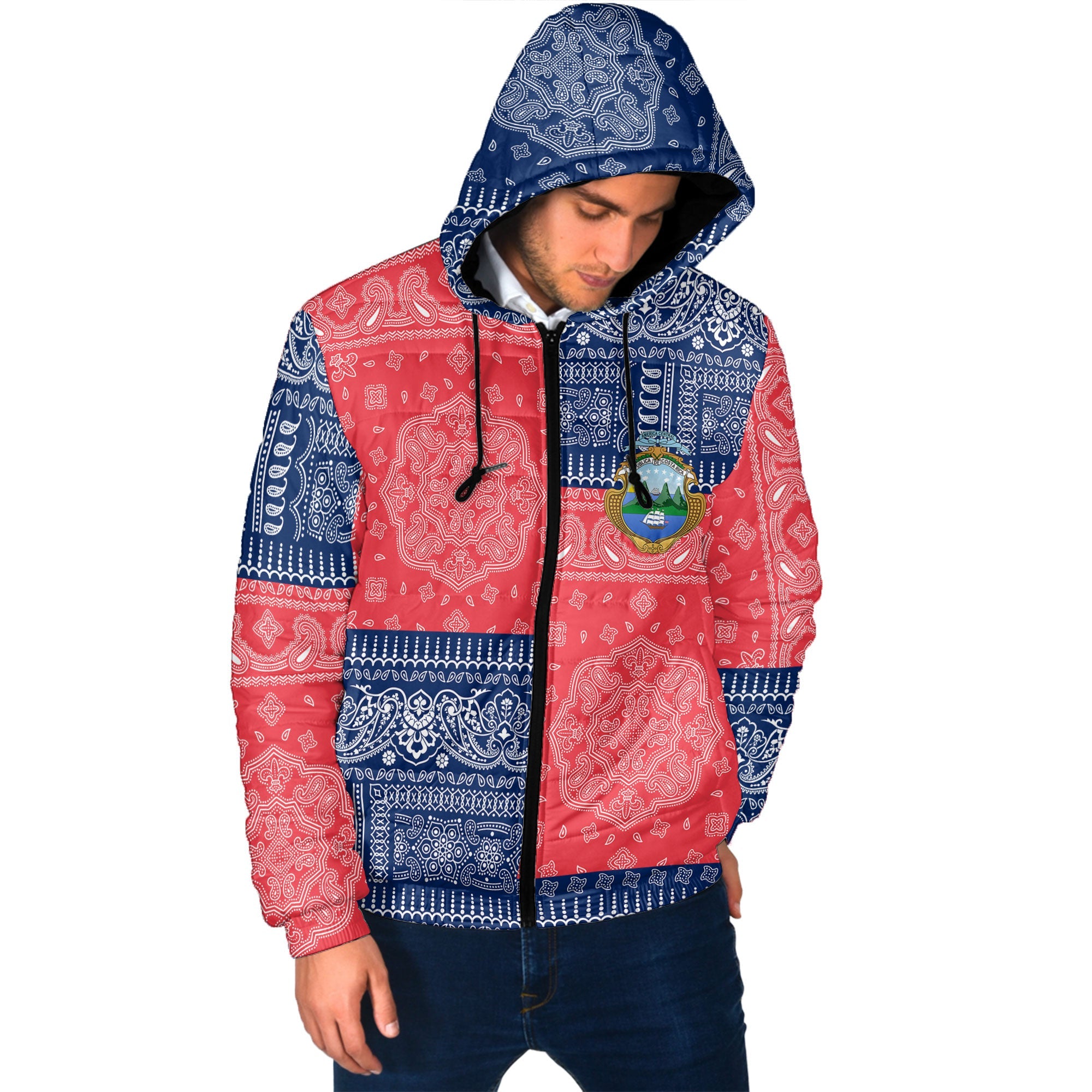 Costa Rica Men Hooded Padded Jacket Flag And Paisley Basic Style 2