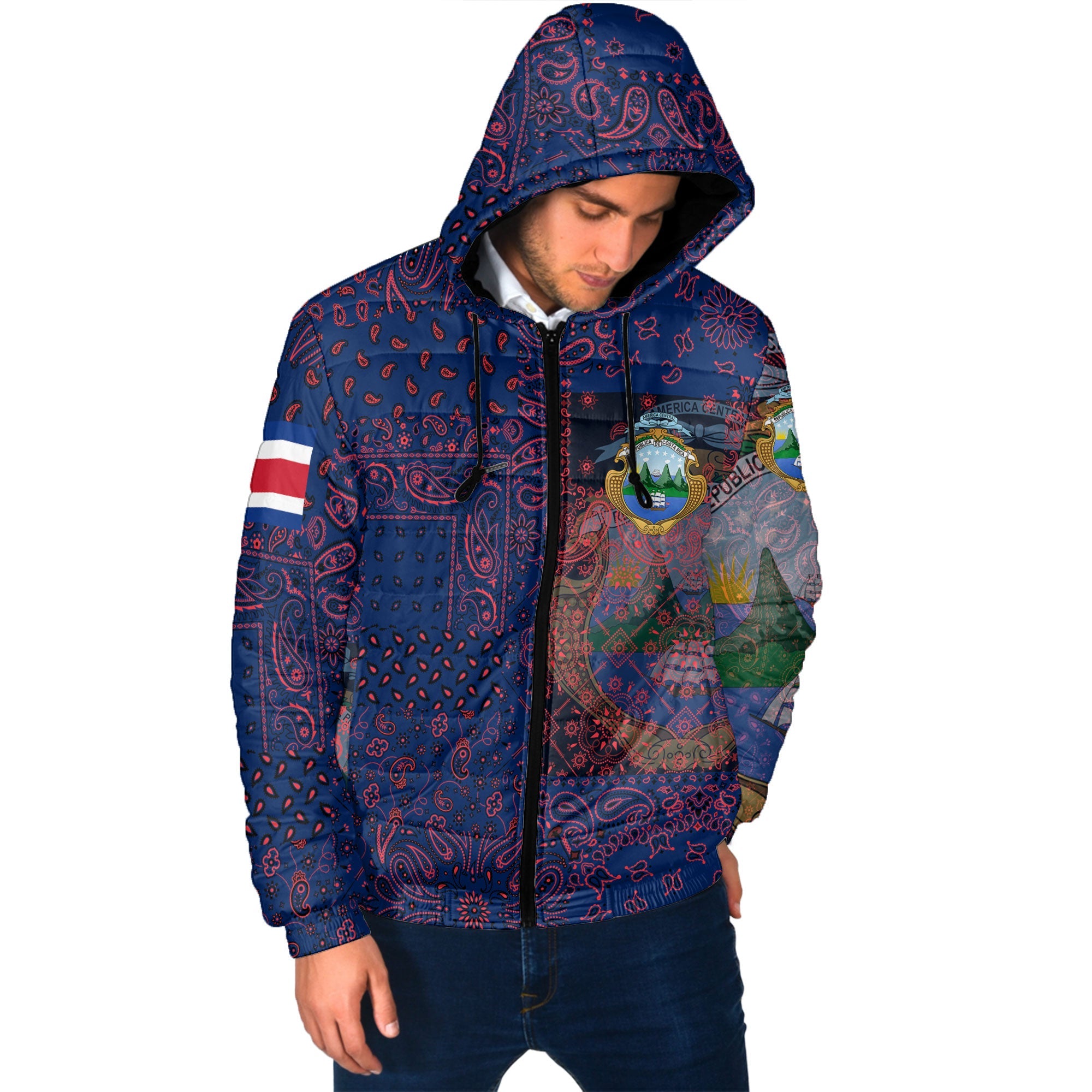 Costa Rica Men Hooded Padded Jacket Paisley Flag And Skull Style 2