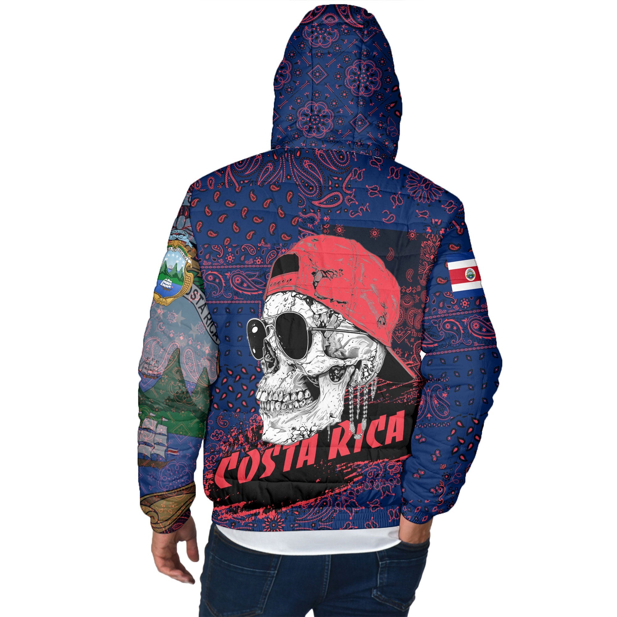 Costa Rica Men Hooded Padded Jacket Paisley Flag And Skull Style 3