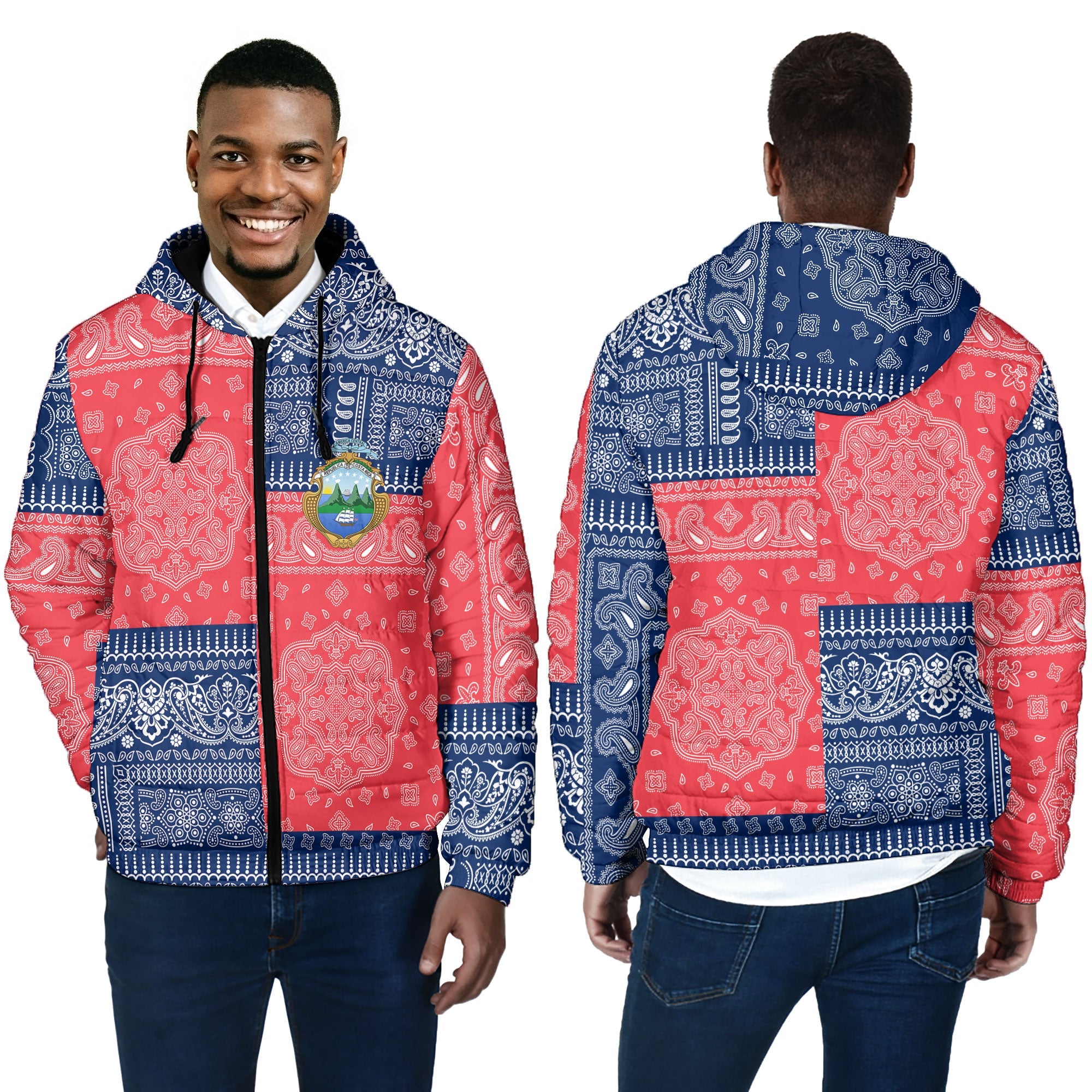 Costa Rica Men Hooded Padded Jacket Flag And Paisley Basic Style 4