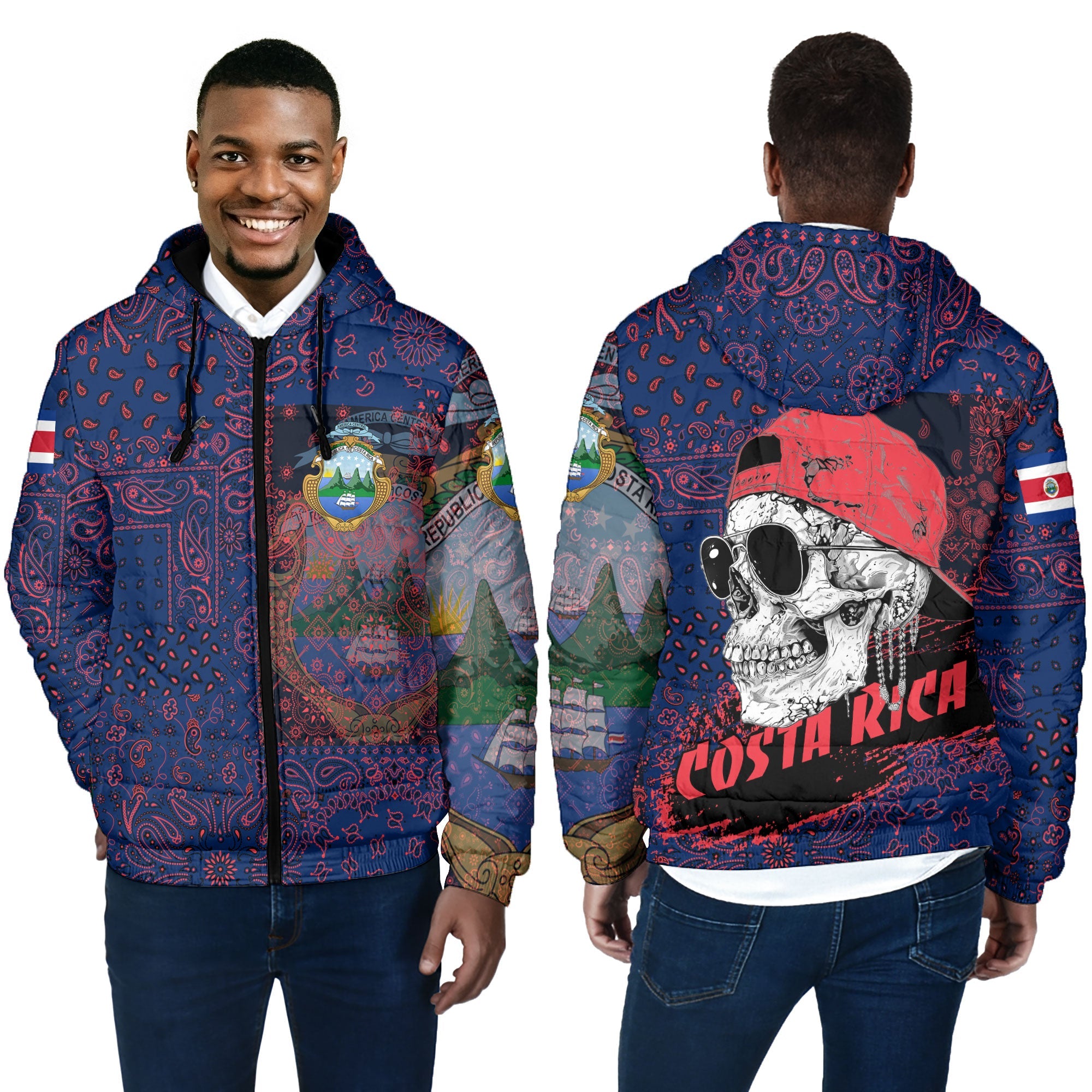 Costa Rica Men Hooded Padded Jacket Paisley Flag And Skull Style 4