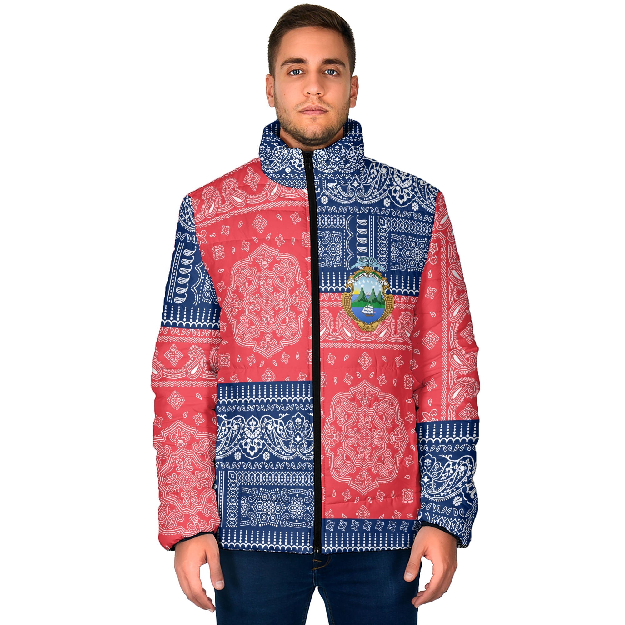 Costa Rica Men Padded Jacket Flag And Paisley Basic Style 1