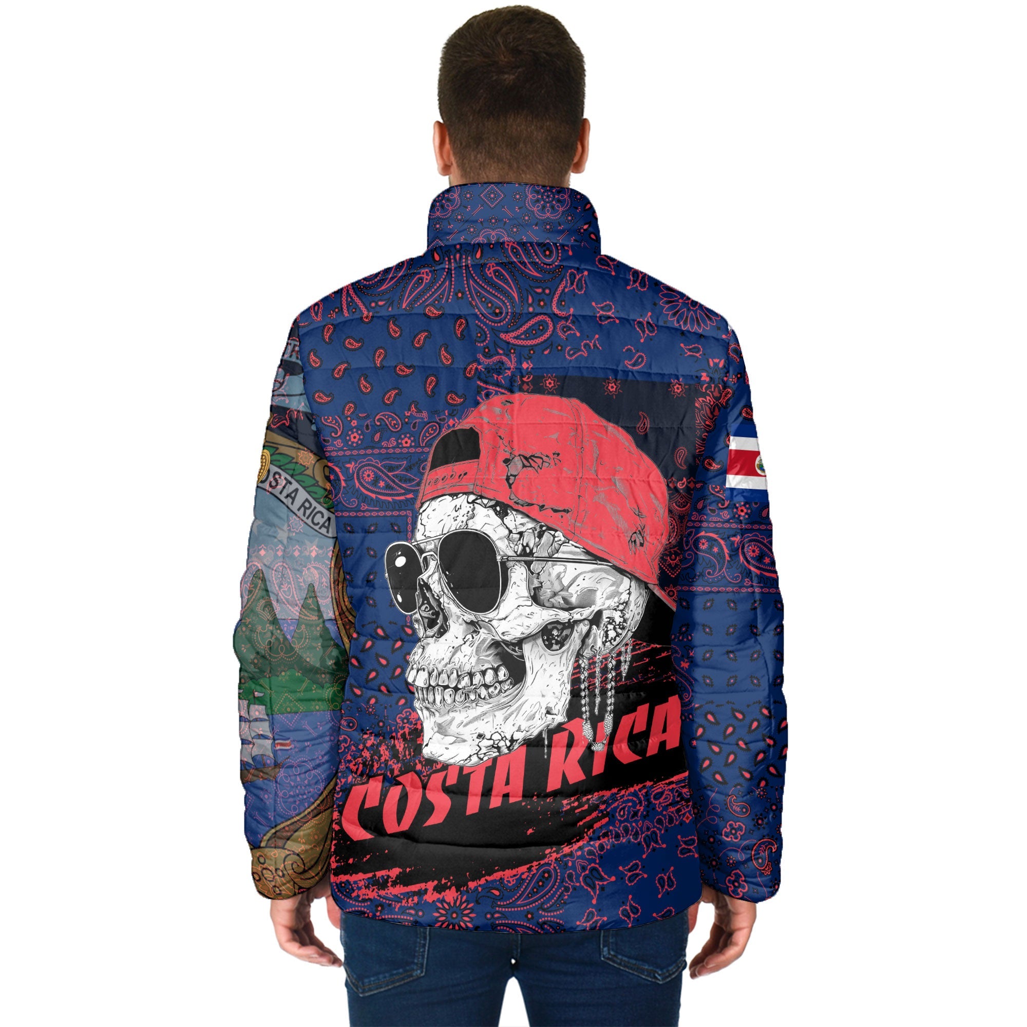 Costa Rica Men Padded Jacket Paisley Flag And Skull Style 2