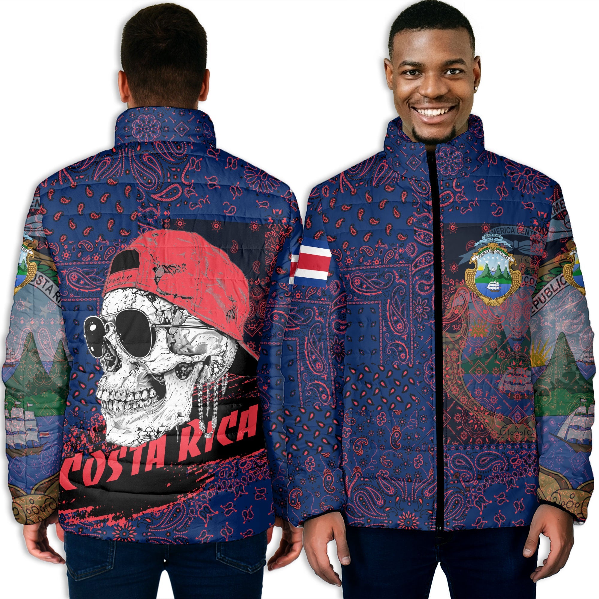 Costa Rica Men Padded Jacket Paisley Flag And Skull Style 3