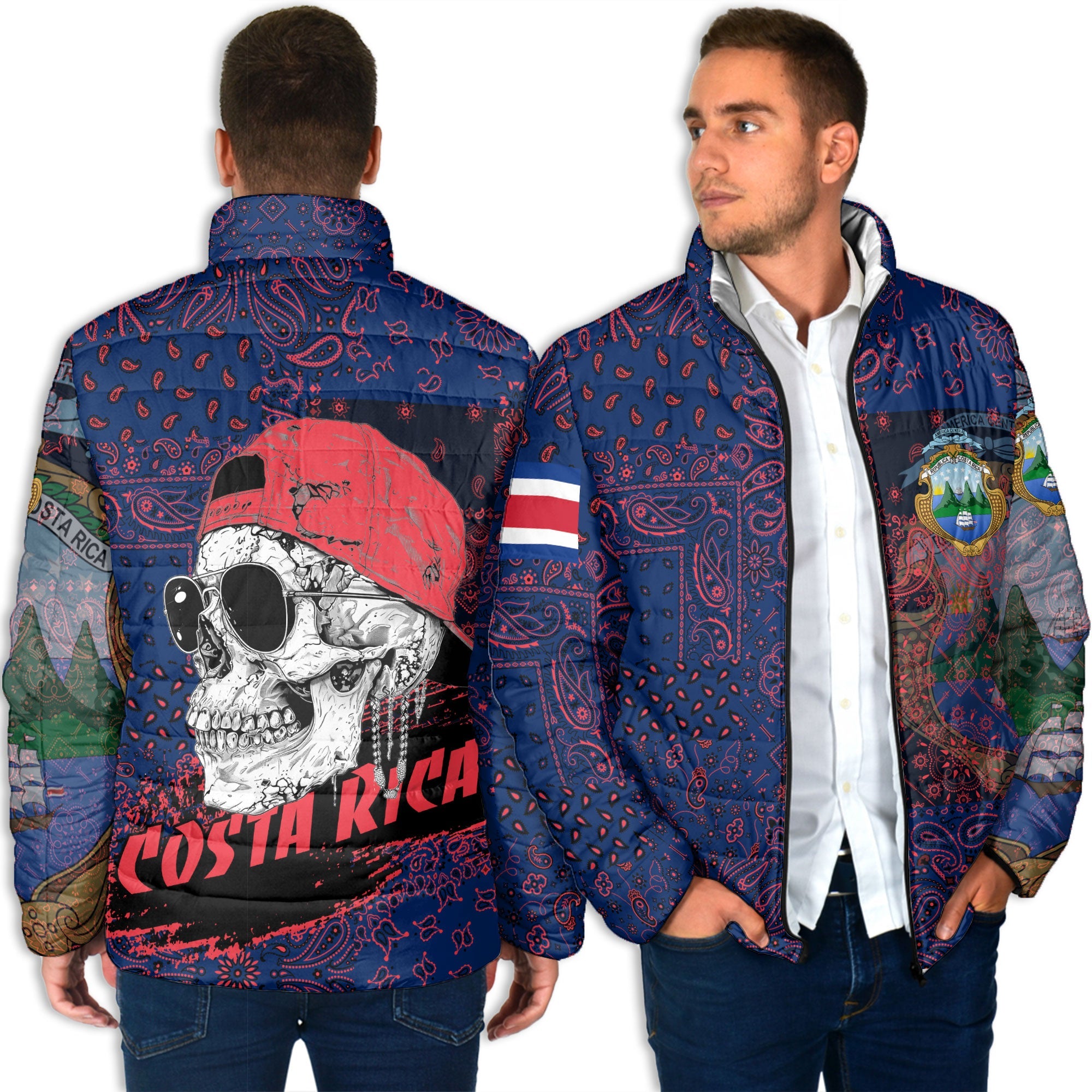 Costa Rica Men Padded Jacket Paisley Flag And Skull Style 4