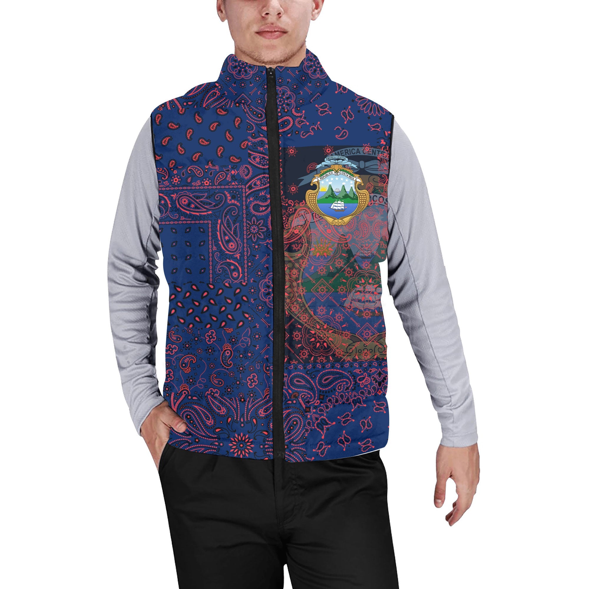 Costa Rica Men Padded Jacket Vest Paisley Flag And Skull Style 1