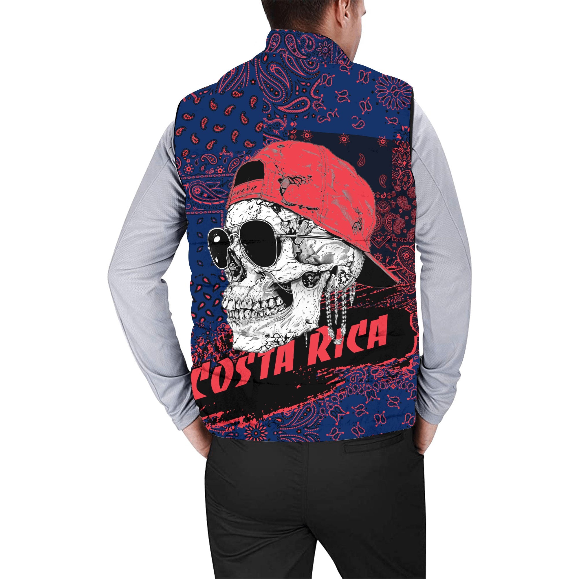 Costa Rica Men Padded Jacket Vest Paisley Flag And Skull Style 2