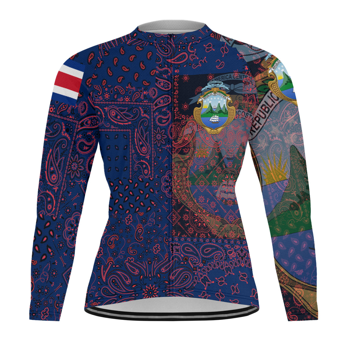 Costa Rica Raglan Men Cycling Jersey Long Sleeve Paisley Flag And Skull Style 1