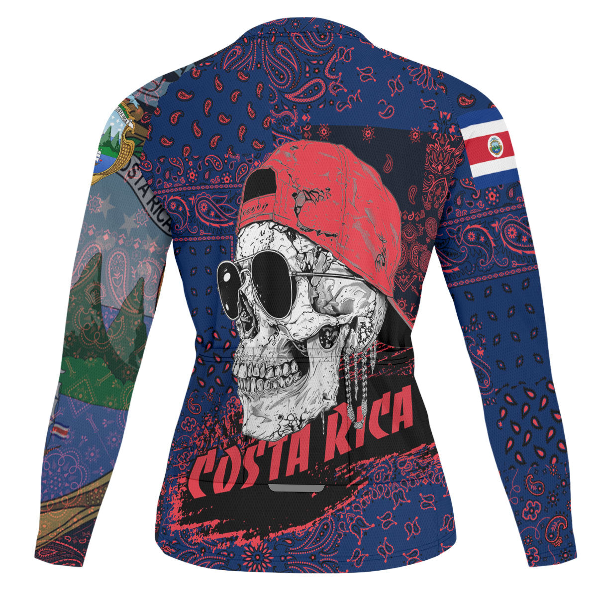 Costa Rica Raglan Men Cycling Jersey Long Sleeve Paisley Flag And Skull Style 2