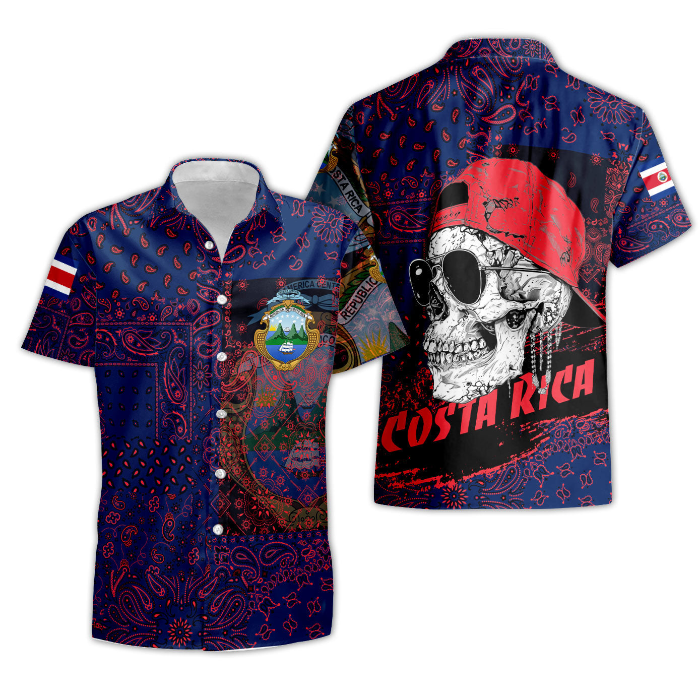 Costa Rica Short Sleeve Shirt Paisley Flag And Skull Style 3