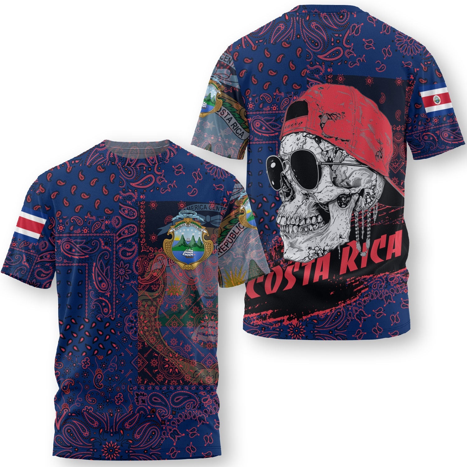 Costa Rica T Shirt Paisley Flag And Skull Style 3