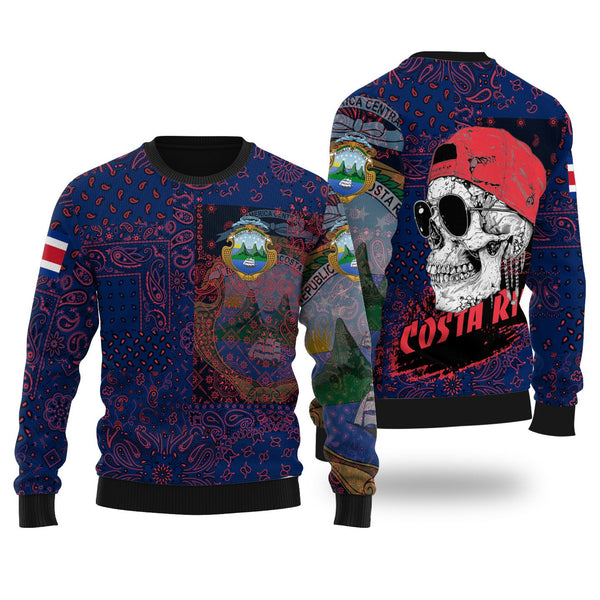 Costa Rica Ugly Sweater Paisley Flag And Skull Style 1