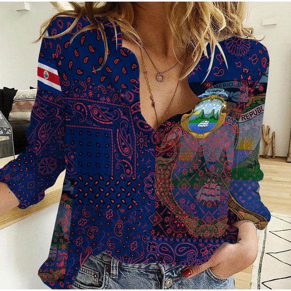 Costa Rica Women Casual Shirt Paisley Flag And Skull Style 1