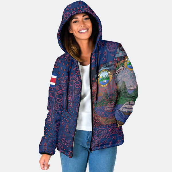 Costa Rica Women Hooded Padded Jacket Paisley Flag And Skull Style 1