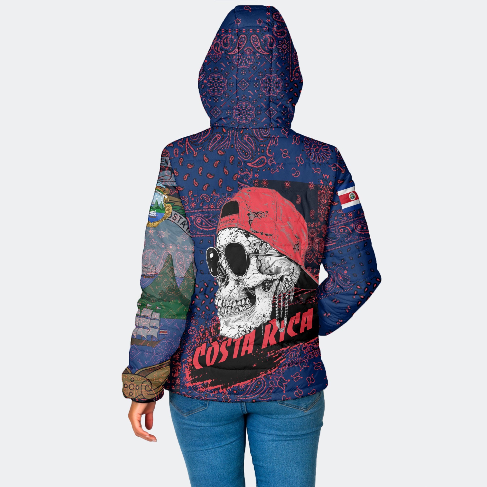 Costa Rica Women Hooded Padded Jacket Paisley Flag And Skull Style 2