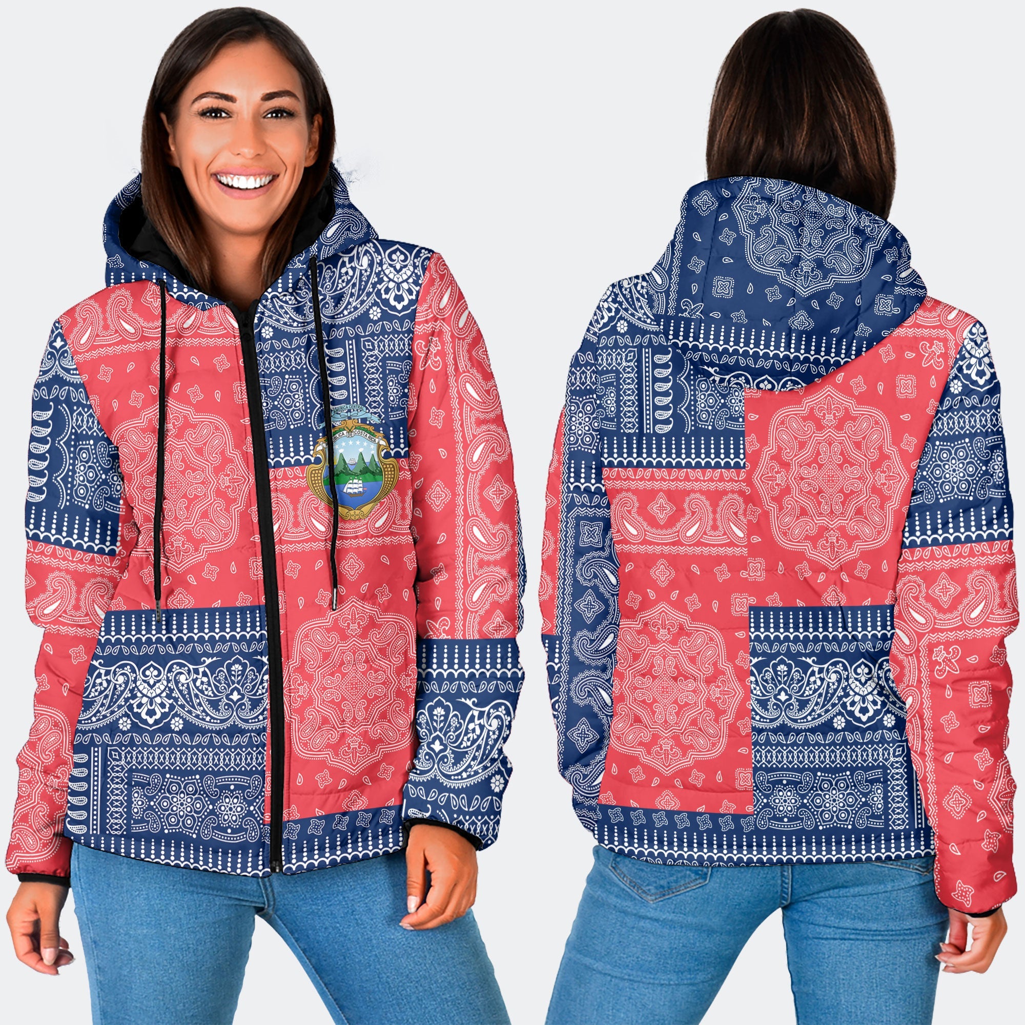 Costa Rica Women Hooded Padded Jacket Flag And Paisley Basic Style 3