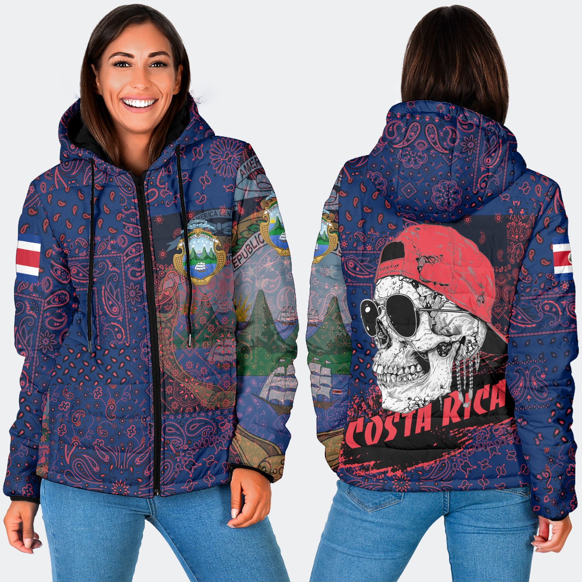 Costa Rica Women Hooded Padded Jacket Paisley Flag And Skull Style 3