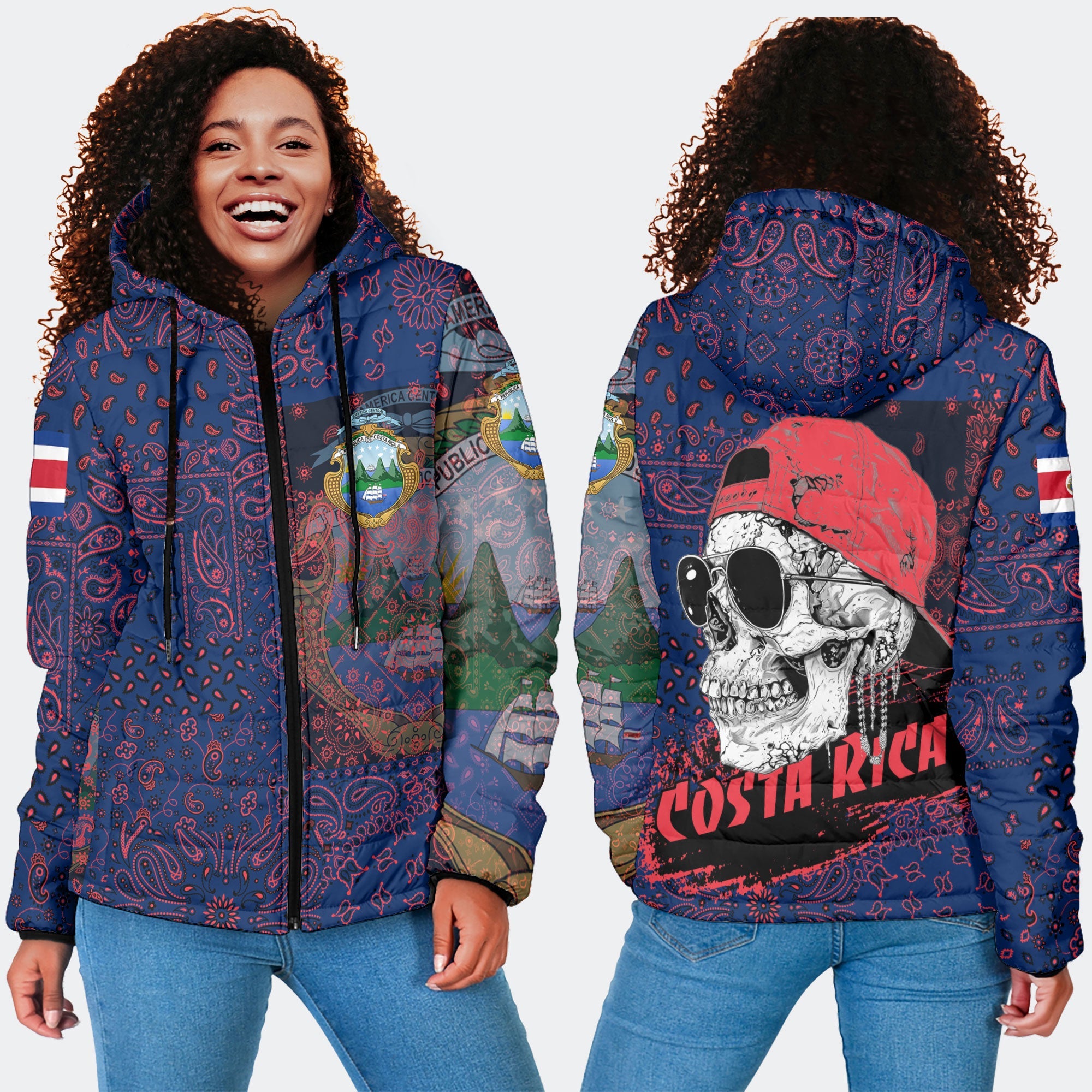 Costa Rica Women Hooded Padded Jacket Paisley Flag And Skull Style 2