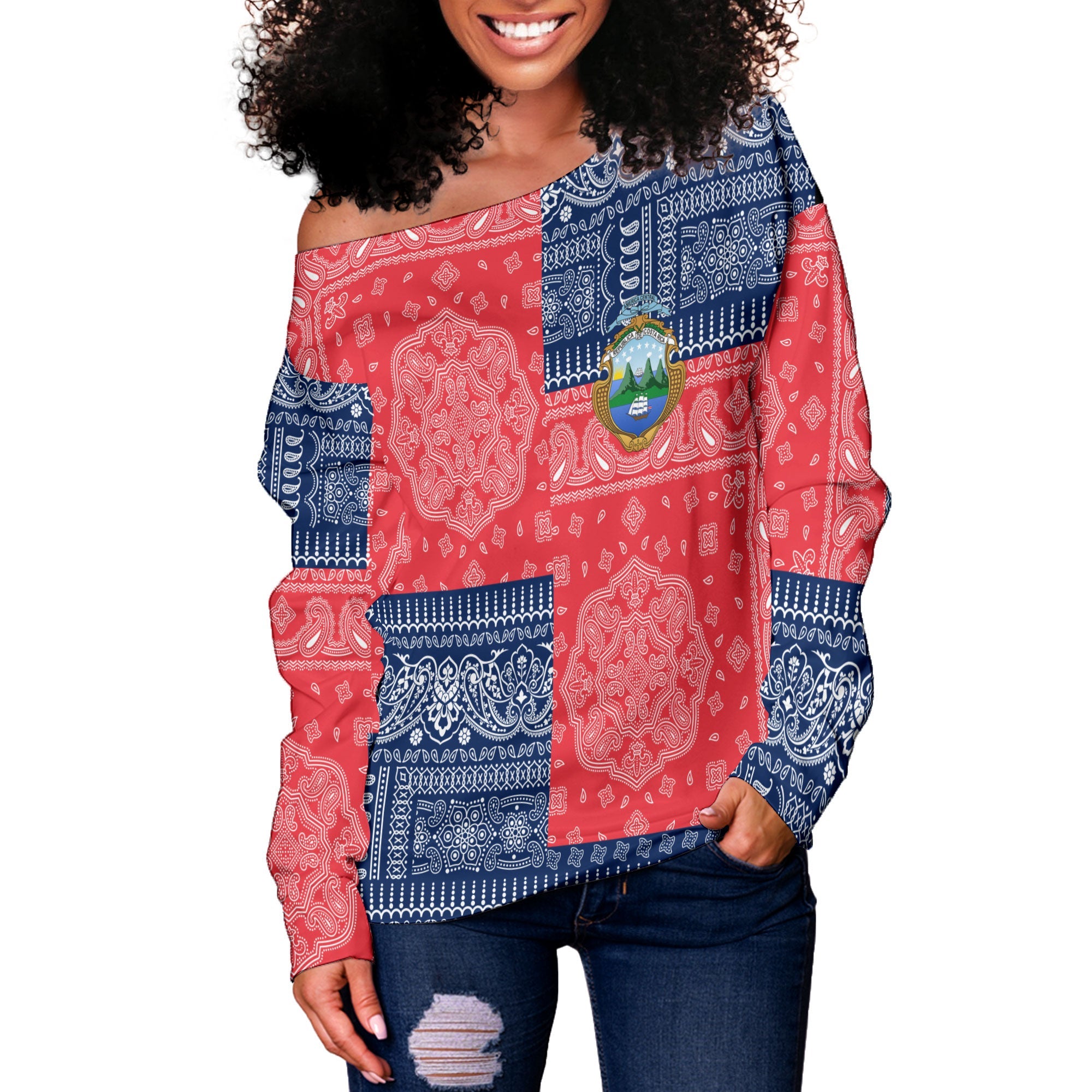 Costa Rica Women Off Shoulder Sweatshirt Flag And Paisley Basic Style 2