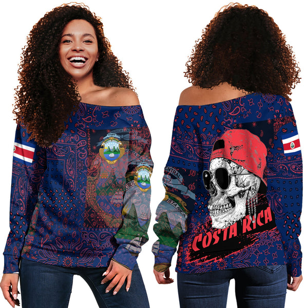 Costa Rica Women Off Shoulder Sweatshirt Paisley Flag And Skull Style 1