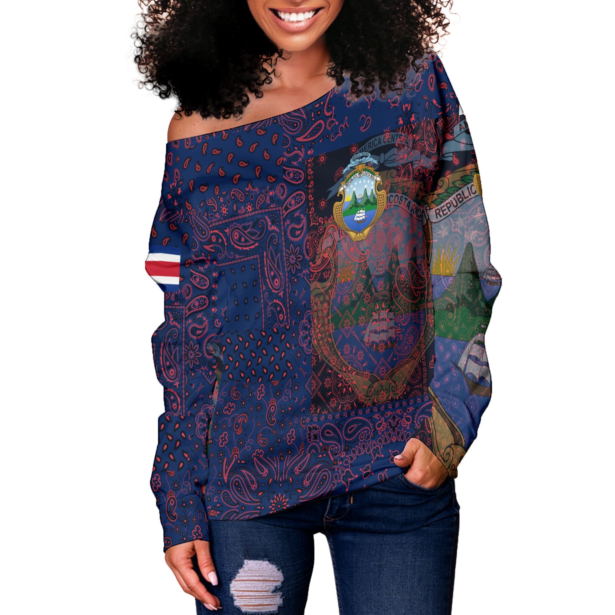 Costa Rica Women Off Shoulder Sweatshirt Paisley Flag And Skull Style 2