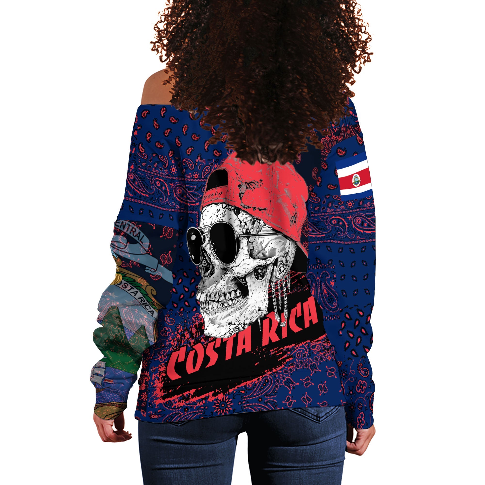 Costa Rica Women Off Shoulder Sweatshirt Paisley Flag And Skull Style 3