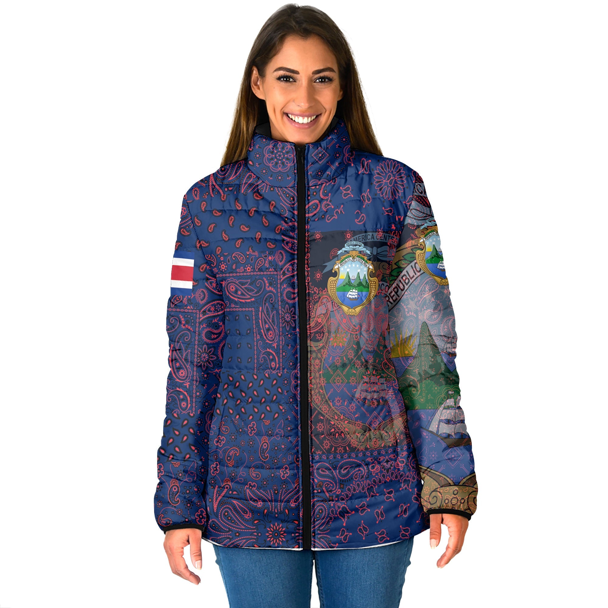 Costa Rica Women Padded Jacket Paisley Flag And Skull Style 1