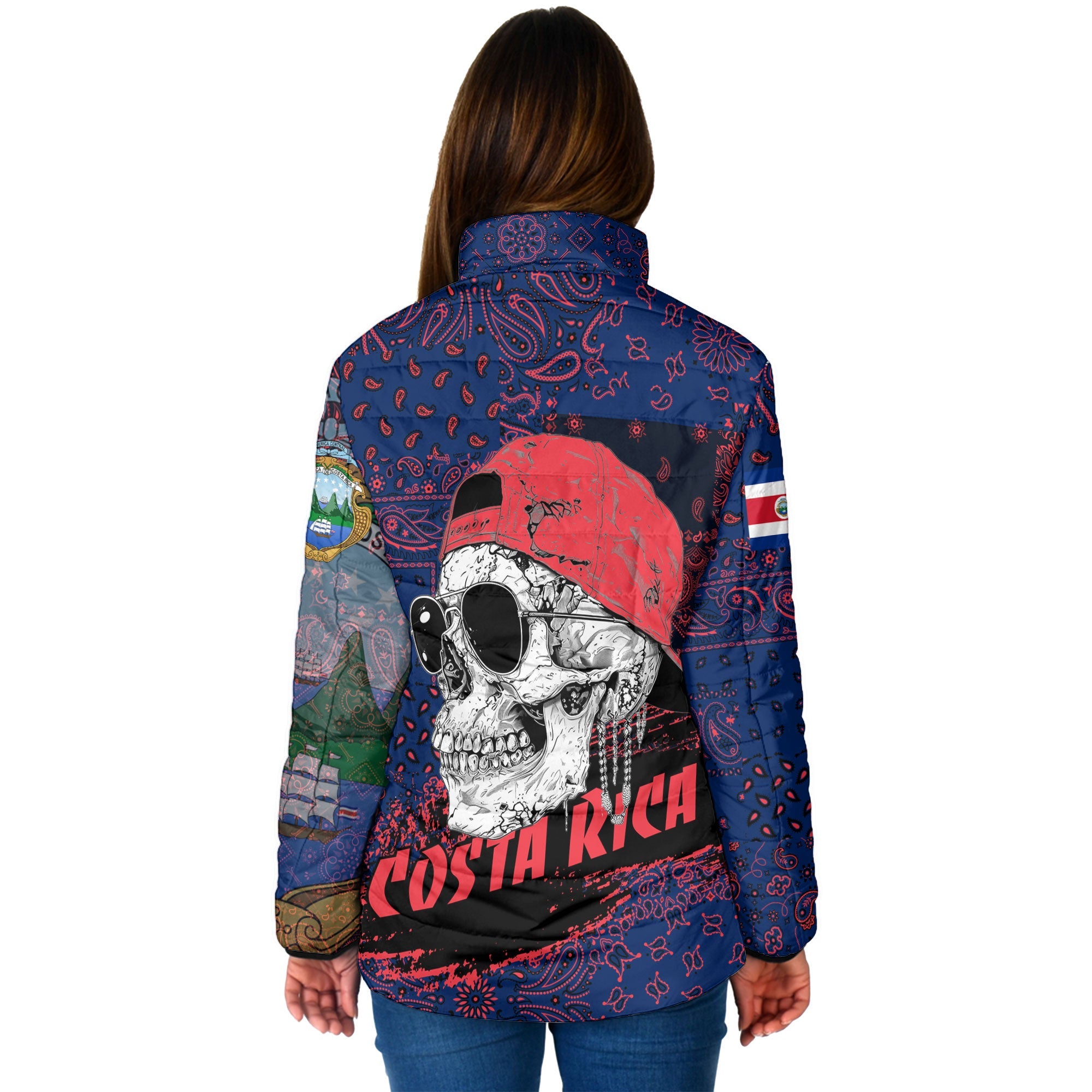 Costa Rica Women Padded Jacket Paisley Flag And Skull Style 2