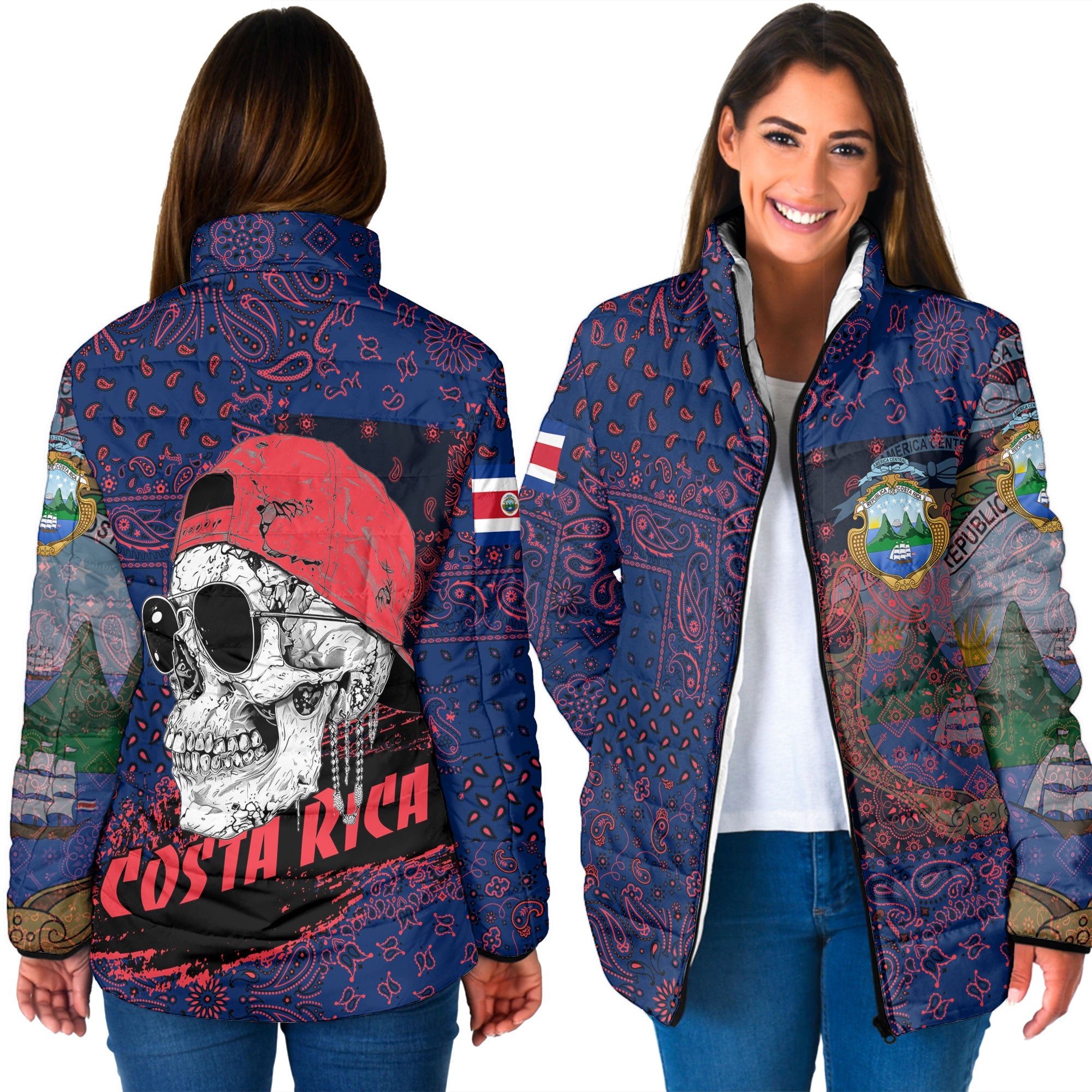 Costa Rica Women Padded Jacket Paisley Flag And Skull Style 3