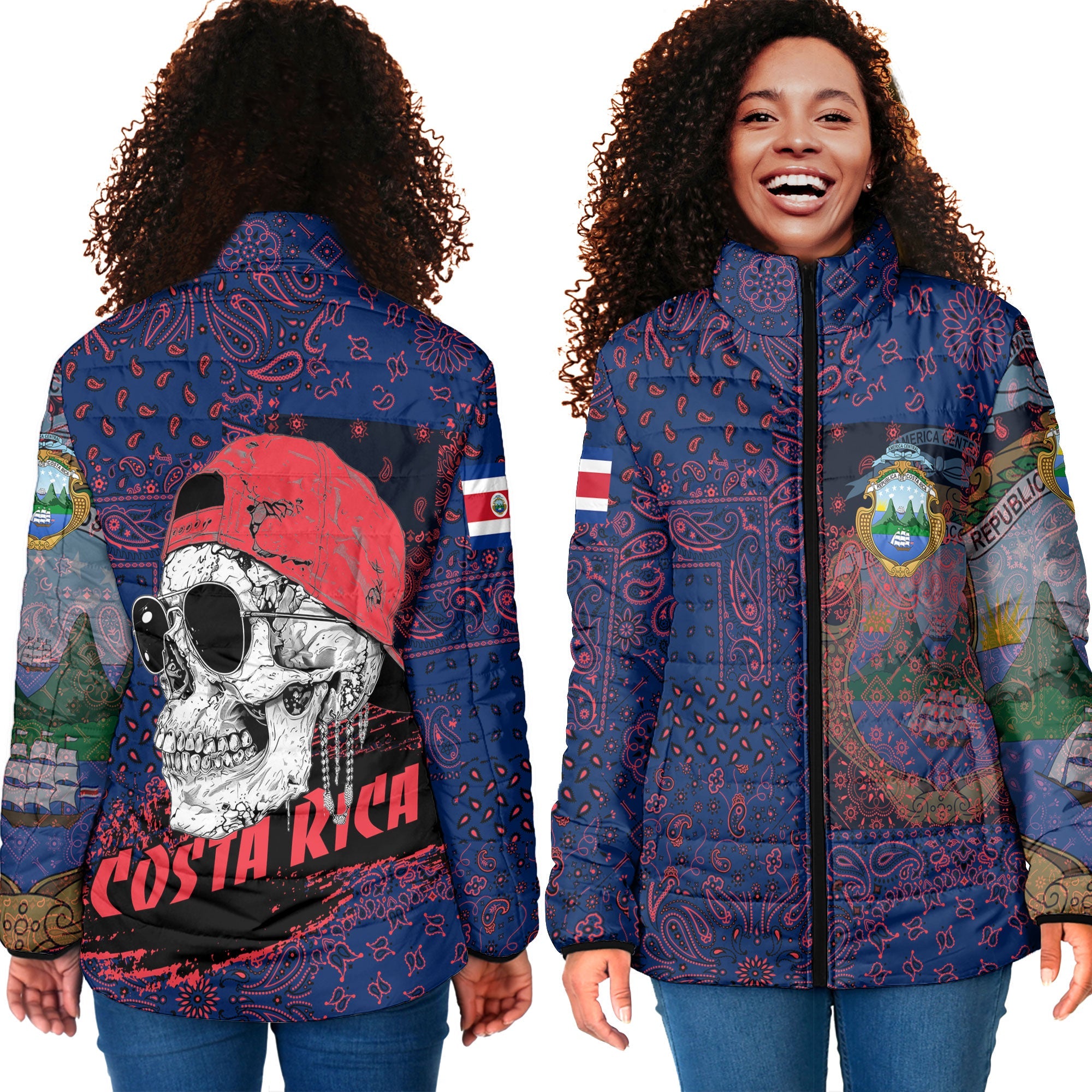 Costa Rica Women Padded Jacket Paisley Flag And Skull Style 4