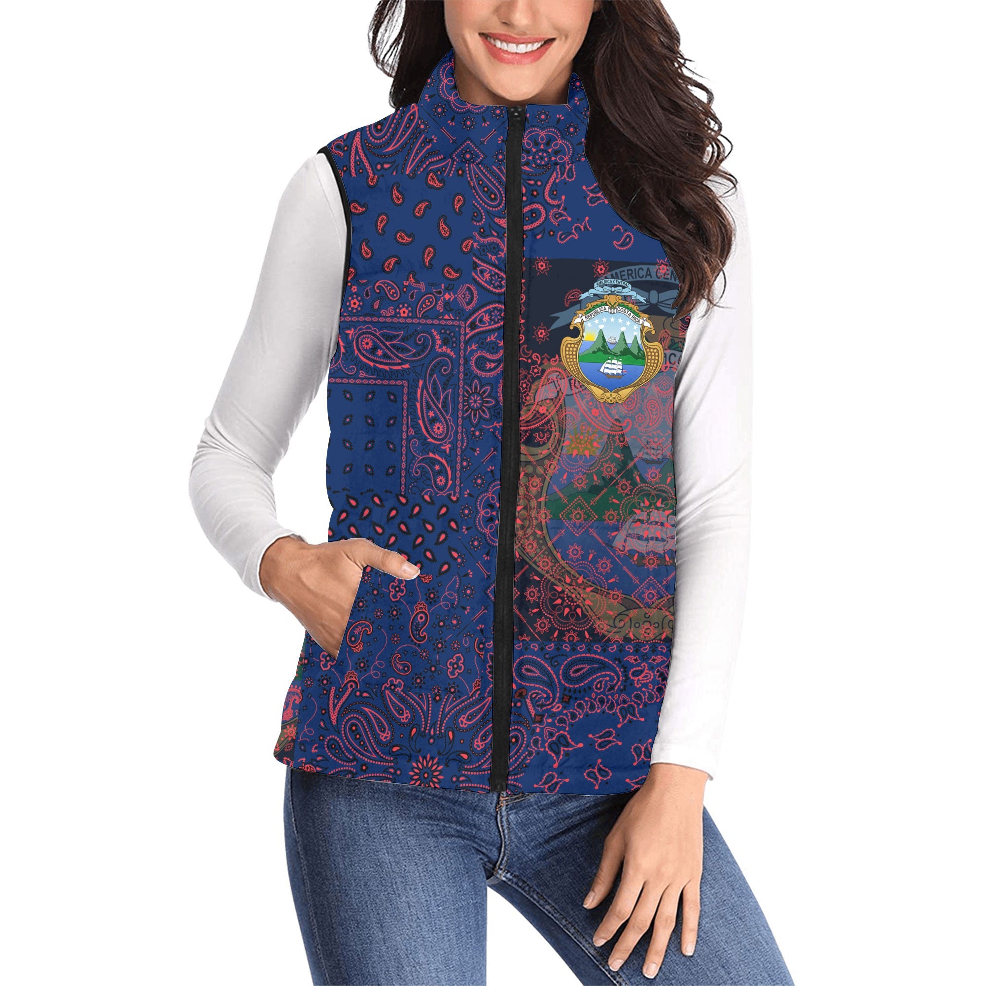 Costa Rica Women Padded Jacket Vest Paisley Flag And Skull Style 1